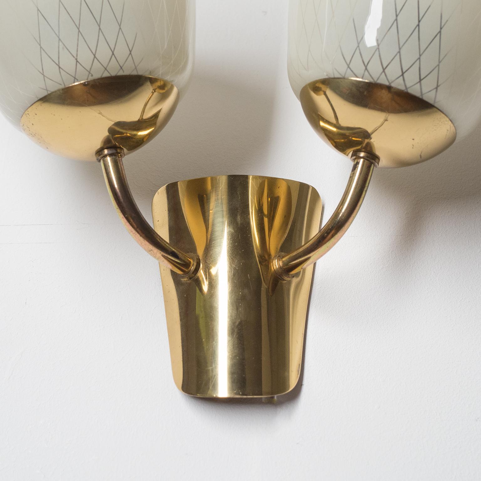 Mid-20th Century Two-Arm Wall Lamp, 1940s, Enameled Glass and Brass