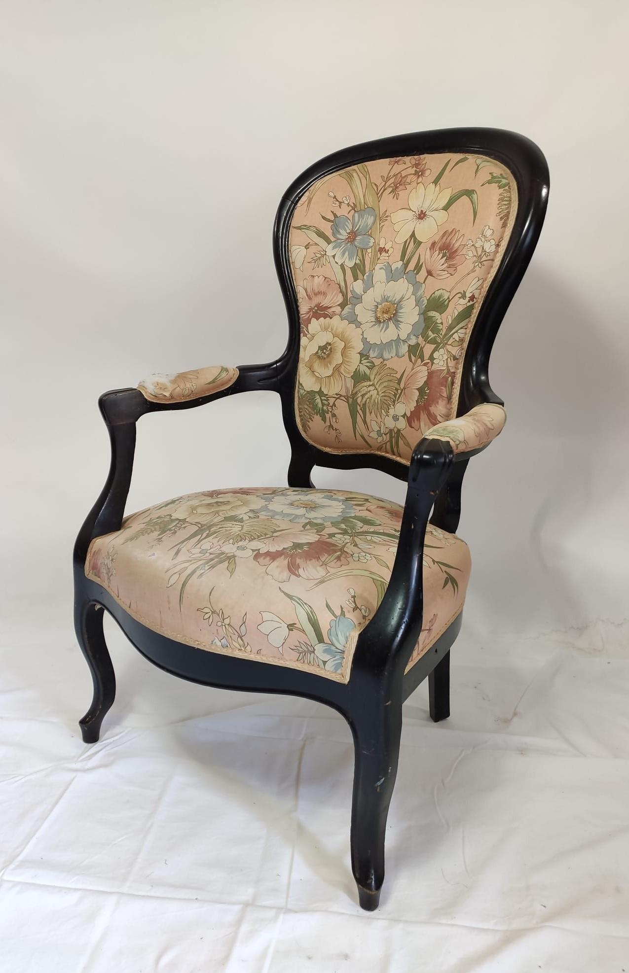 Two Armchairs in Black Wood, Napoléon III Period.
They go with a pretty bench.
Seat in excellent condition
Minor structural damages as you can see on the photos.
They are sold as is and they could be reupholstered.