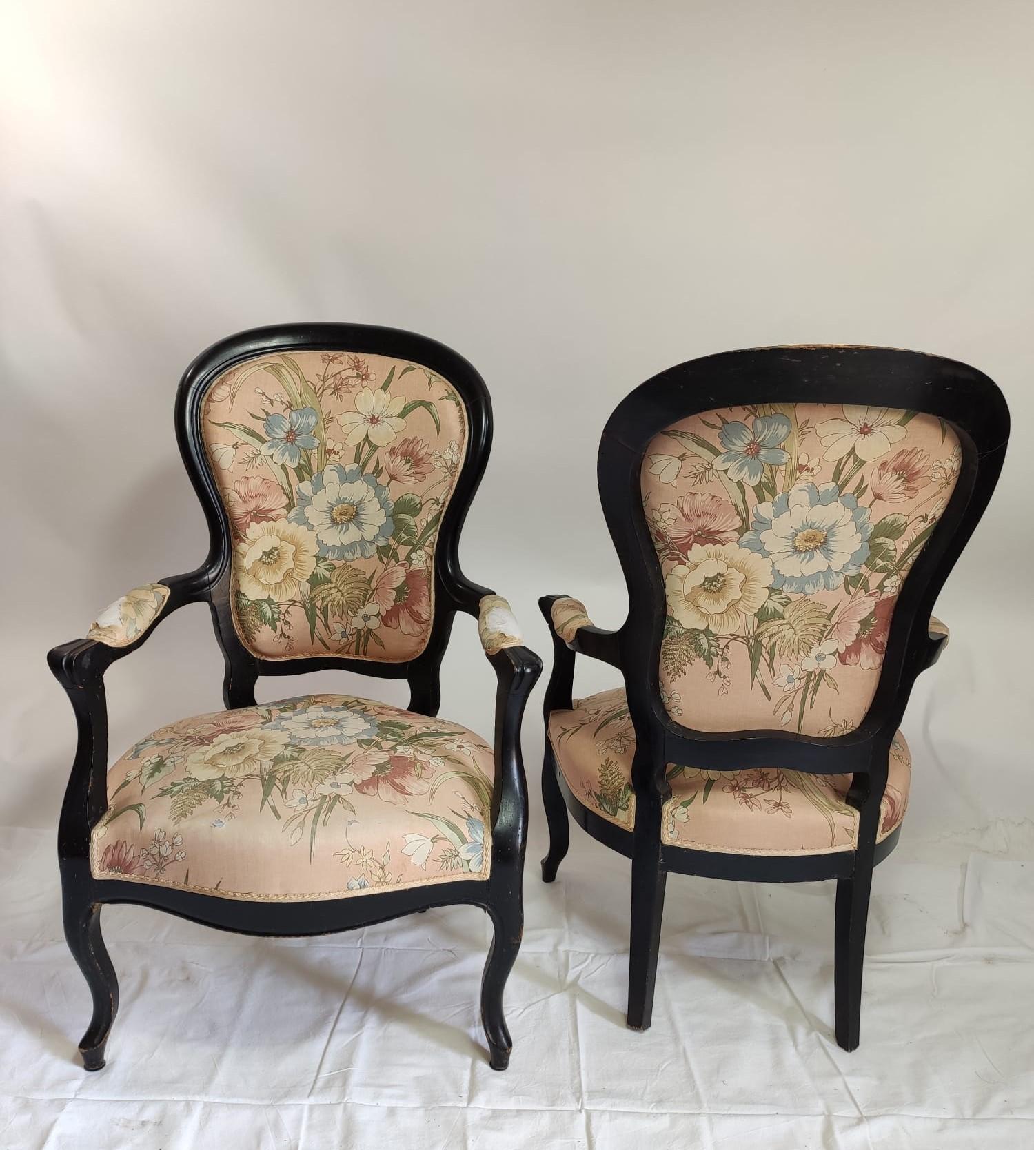 Late 19th Century Two Armchairs, Black Wood, Napoléon III Period - 2nd Half of the Nineteenth For Sale