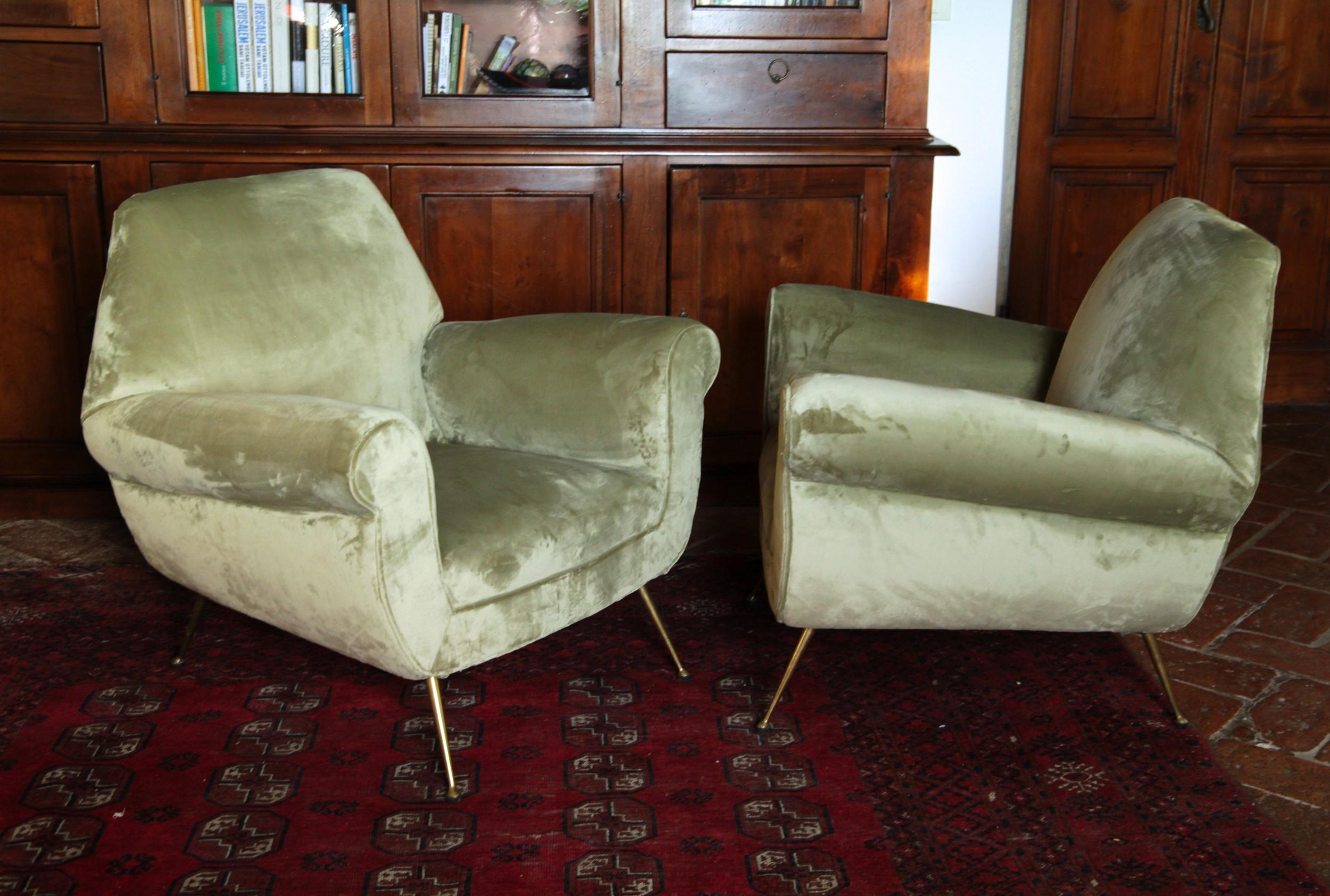 Mid-Century Modern Two Armchairs Gigi Radice for Minotti Fully Restored High Pile Cotton Velvet