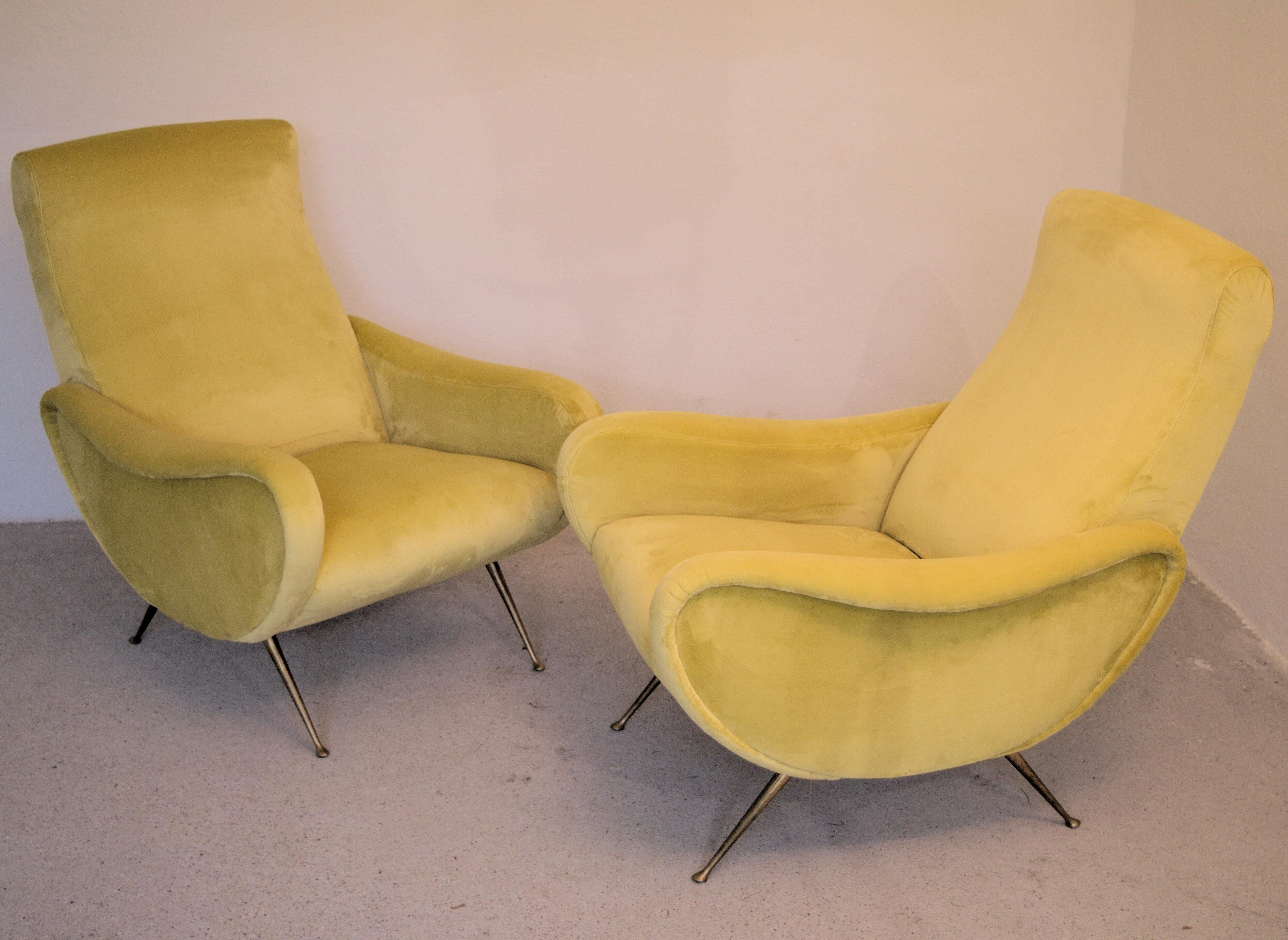 Two Armchairs Marco Zanuso Style, Fully Restored High Pile Canary Cotton Velvet 4
