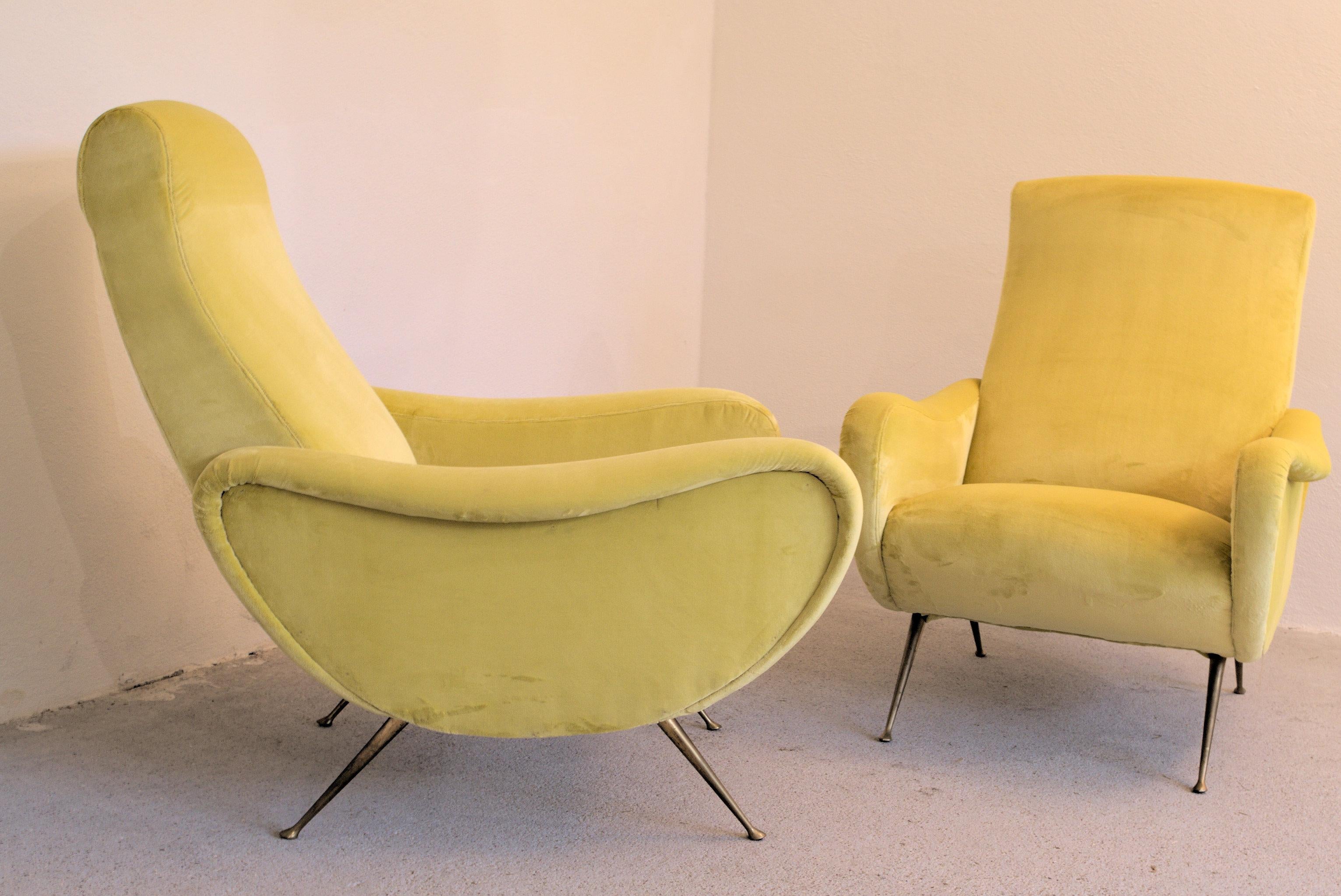 Two Armchairs Marco Zanuso Style, Fully Restored High Pile Canary Cotton Velvet 7