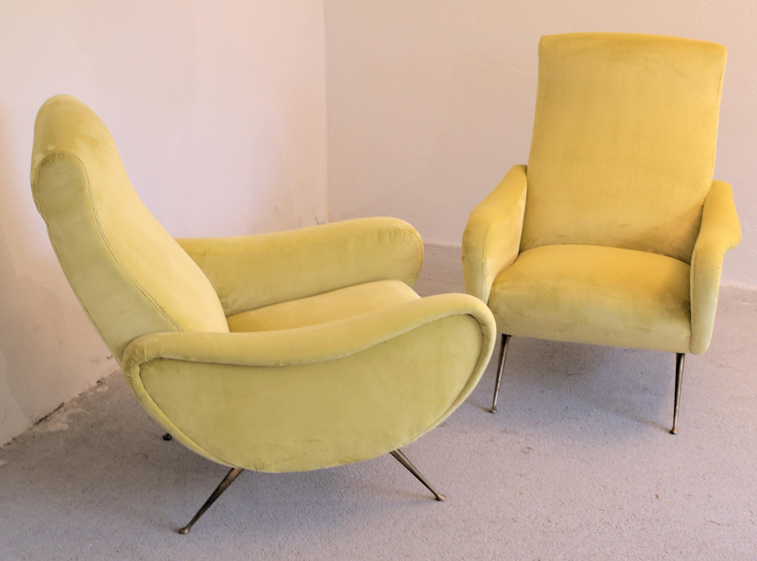 Two Armchairs Marco Zanuso Style, Fully Restored High Pile Canary Cotton Velvet 8
