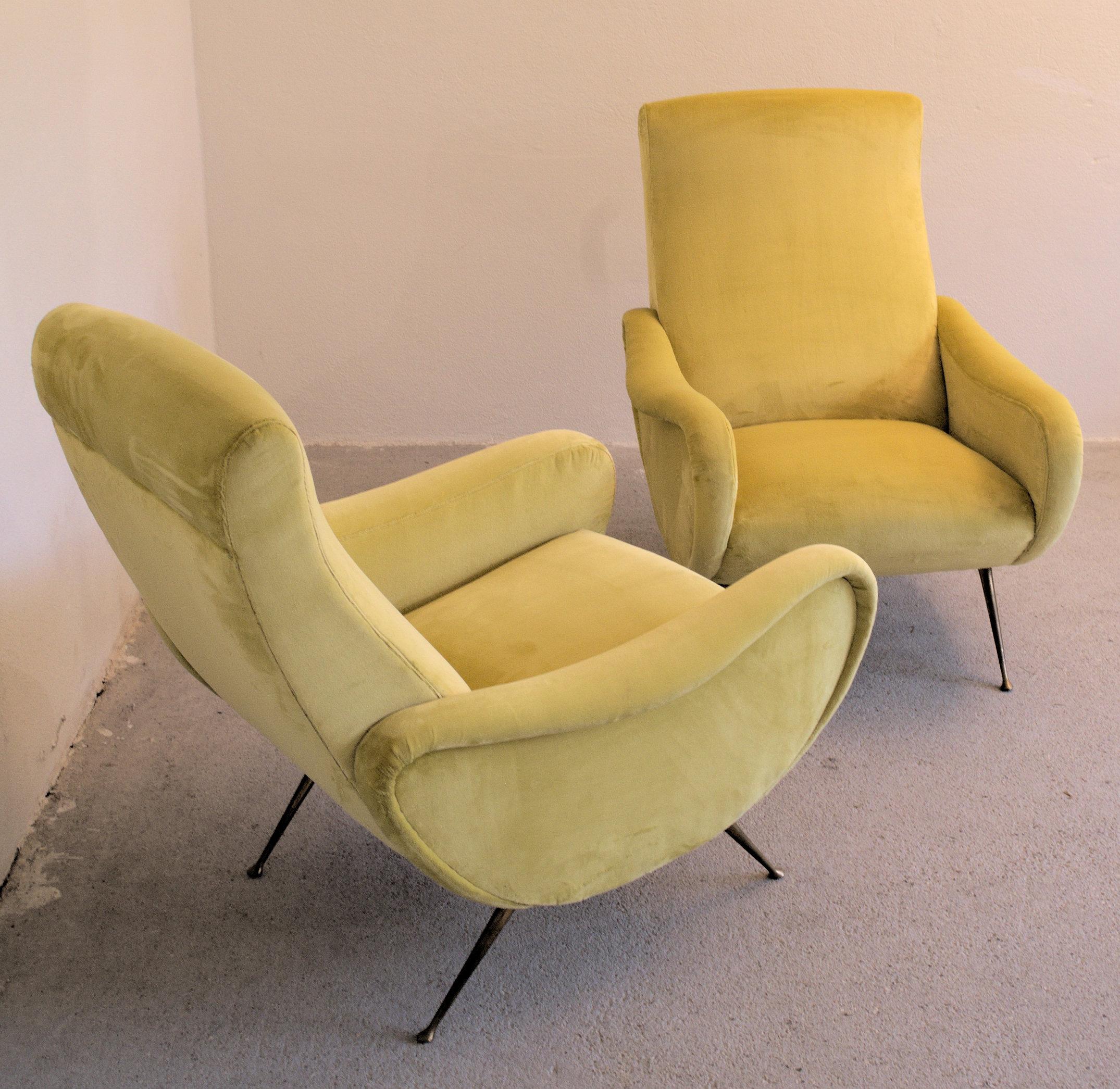 Two Armchairs Marco Zanuso Style, Fully Restored High Pile Canary Cotton Velvet 9