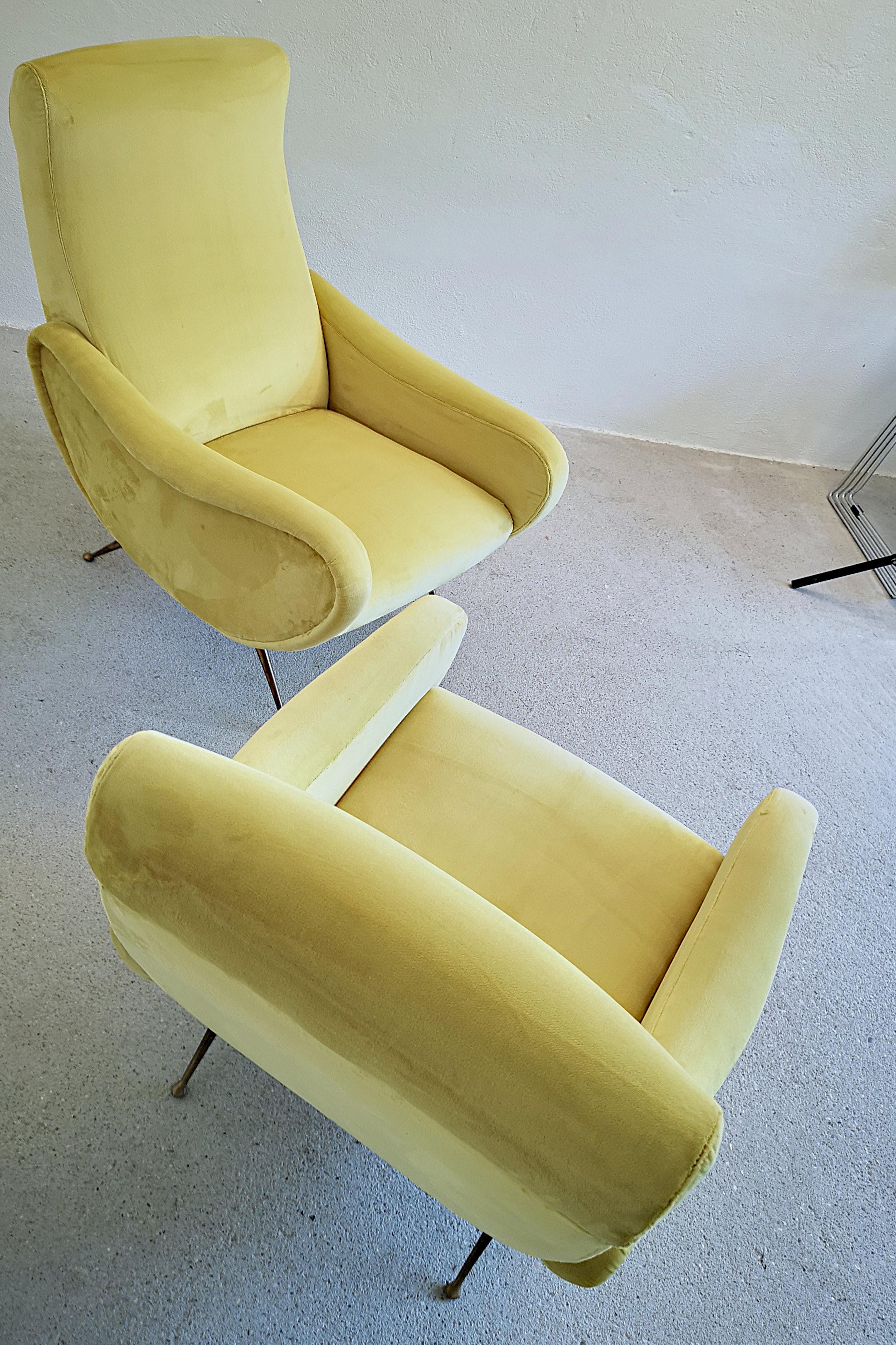 Two Armchairs Marco Zanuso Style, Fully Restored High Pile Canary Cotton Velvet 13
