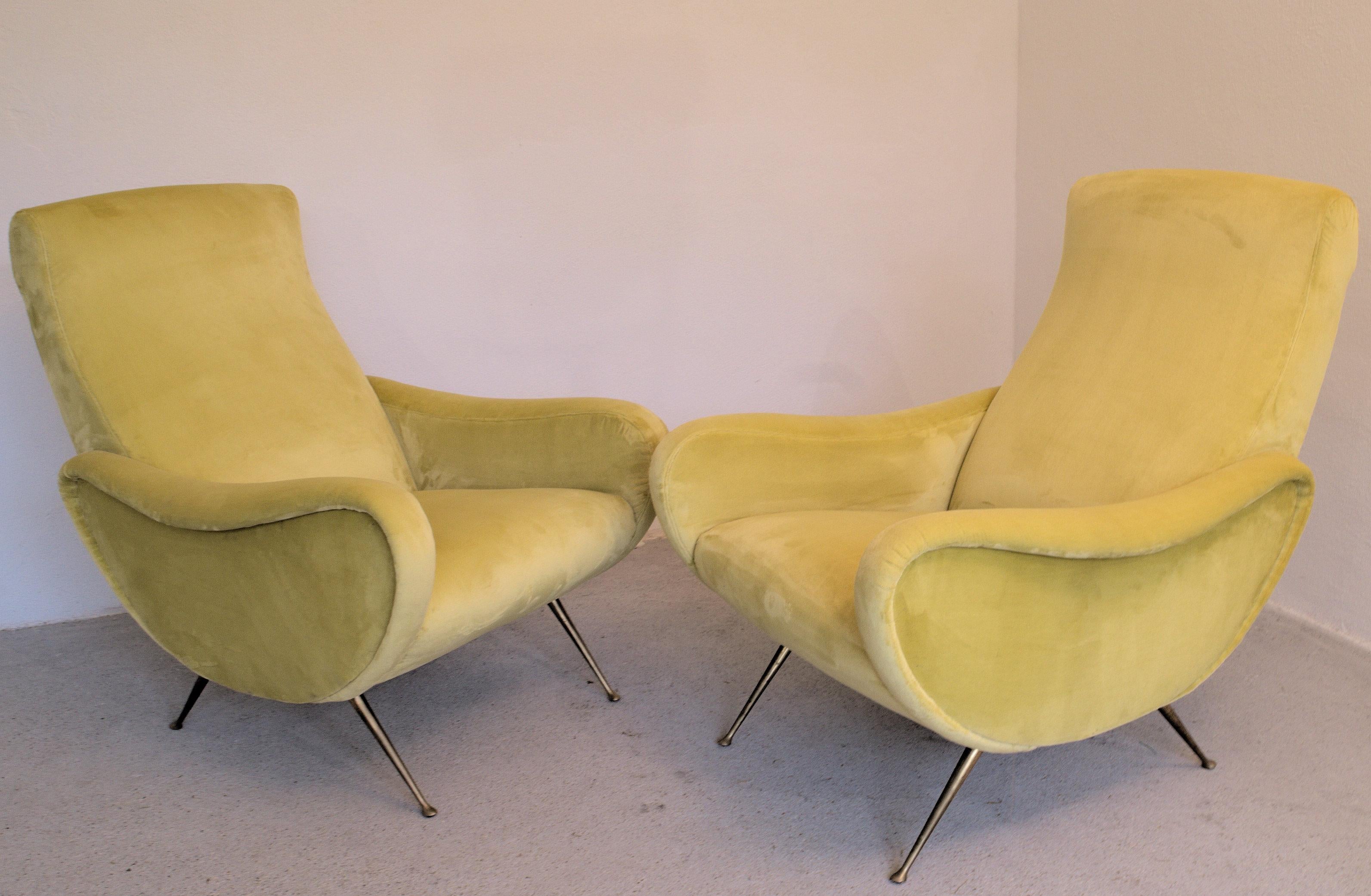 Two armchairs in the style of Marco Zanuso. 

From a villa in the lake area, completely restaured, padding replaced, belt replaced and upholstered with an Italian woven canary yellow high pile soft writing velvet. 

Upholsterer/restaurer said it