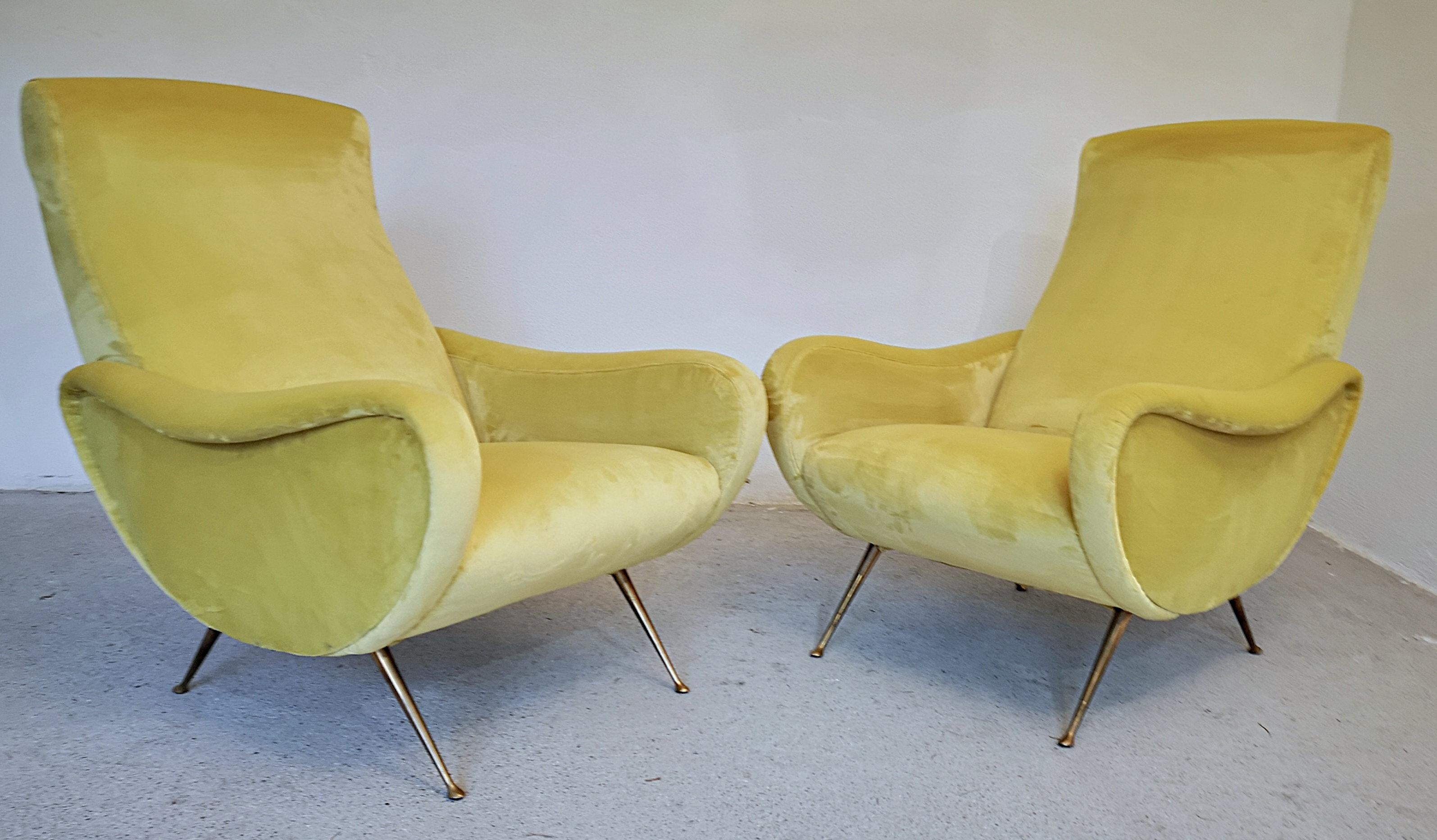 Two Armchairs Marco Zanuso Style, Fully Restored High Pile Canary Cotton Velvet 14