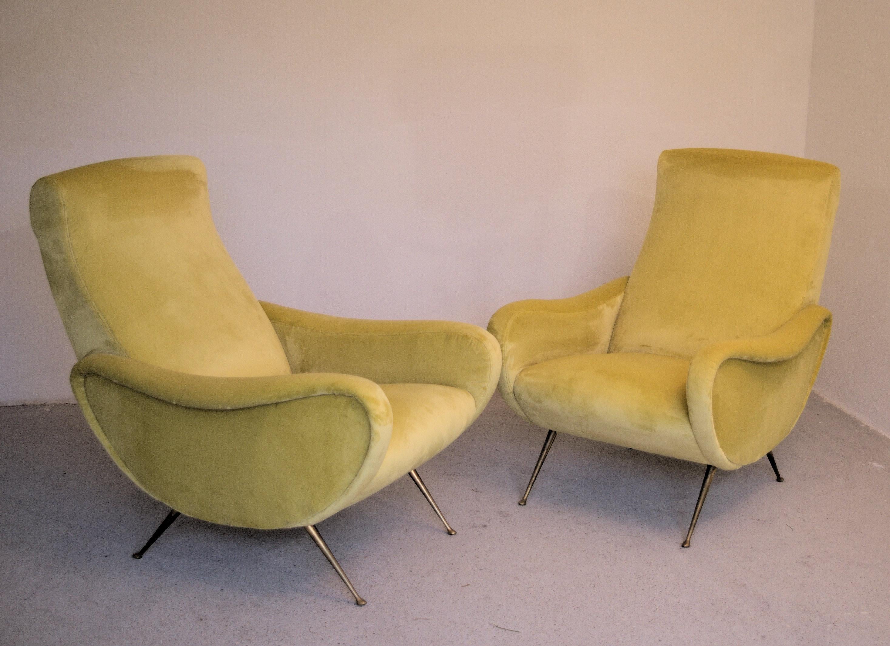 Mid-Century Modern Two Armchairs Marco Zanuso Style, Fully Restored High Pile Canary Cotton Velvet