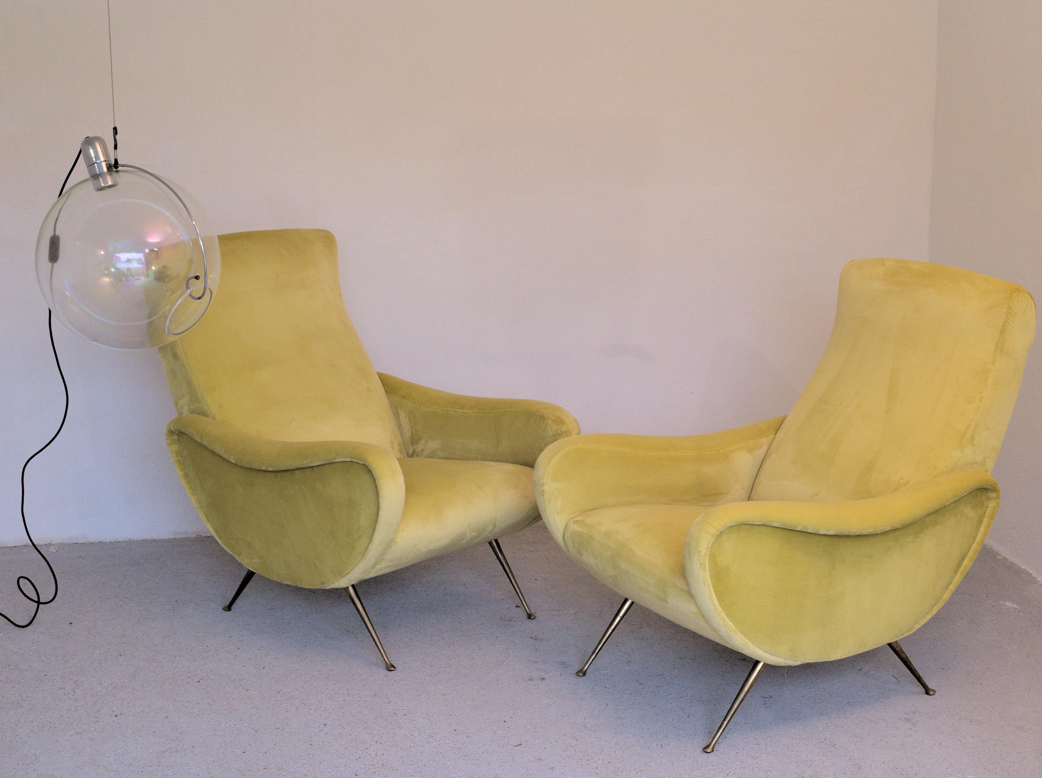 Italian Two Armchairs Marco Zanuso Style, Fully Restored High Pile Canary Cotton Velvet