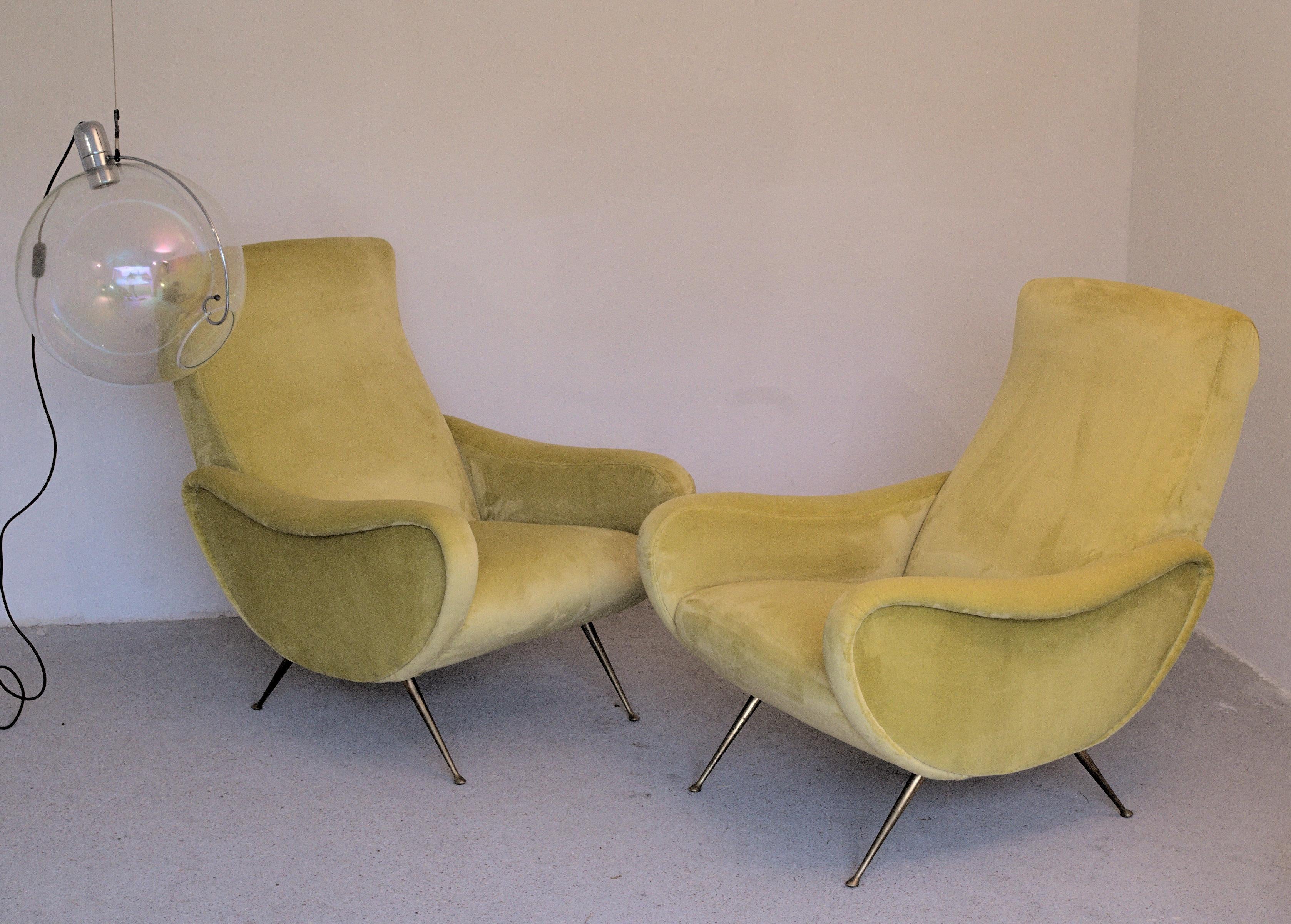 20th Century Two Armchairs Marco Zanuso Style, Fully Restored High Pile Canary Cotton Velvet