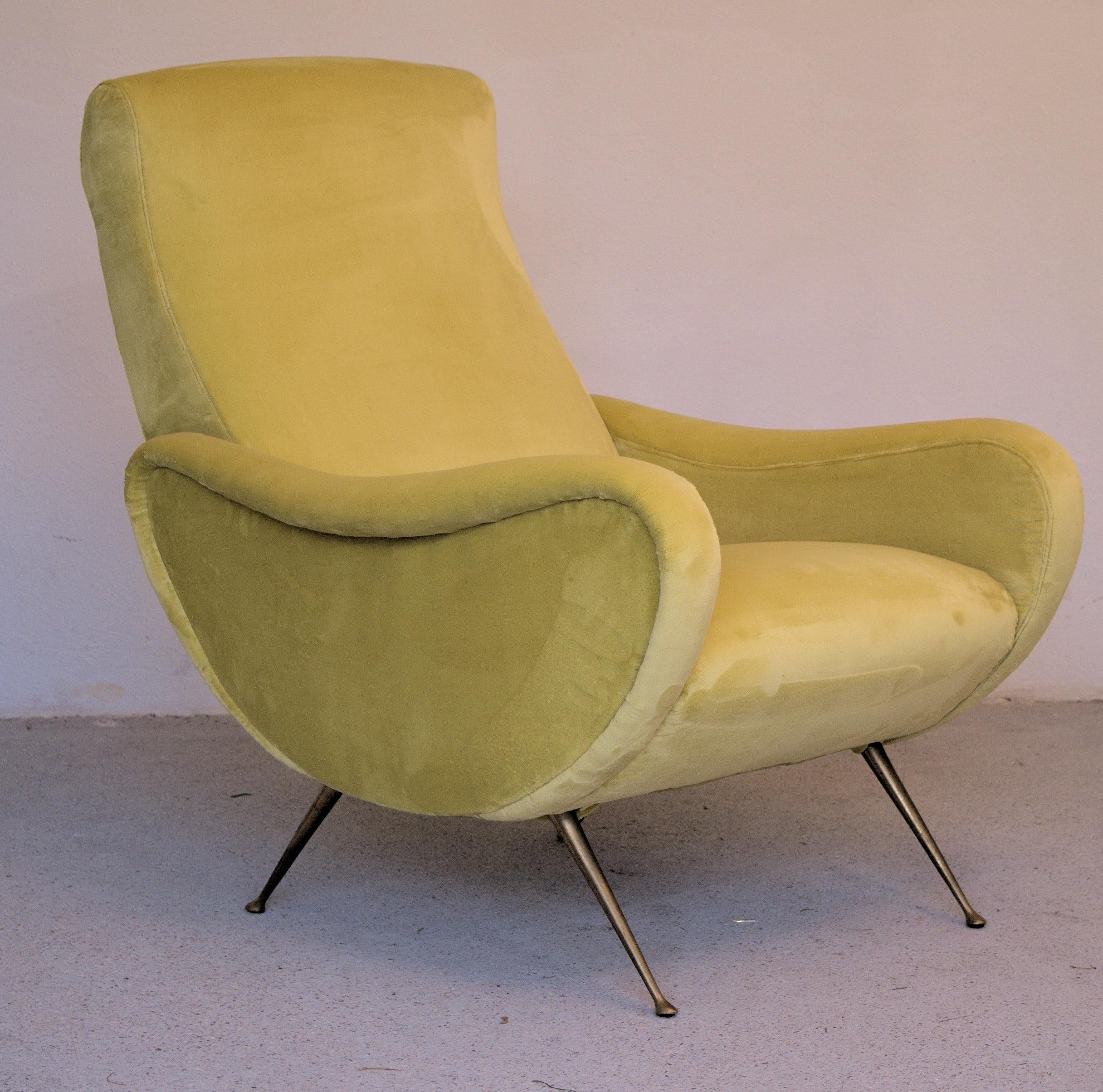 Two Armchairs Marco Zanuso Style, Fully Restored High Pile Canary Cotton Velvet 1