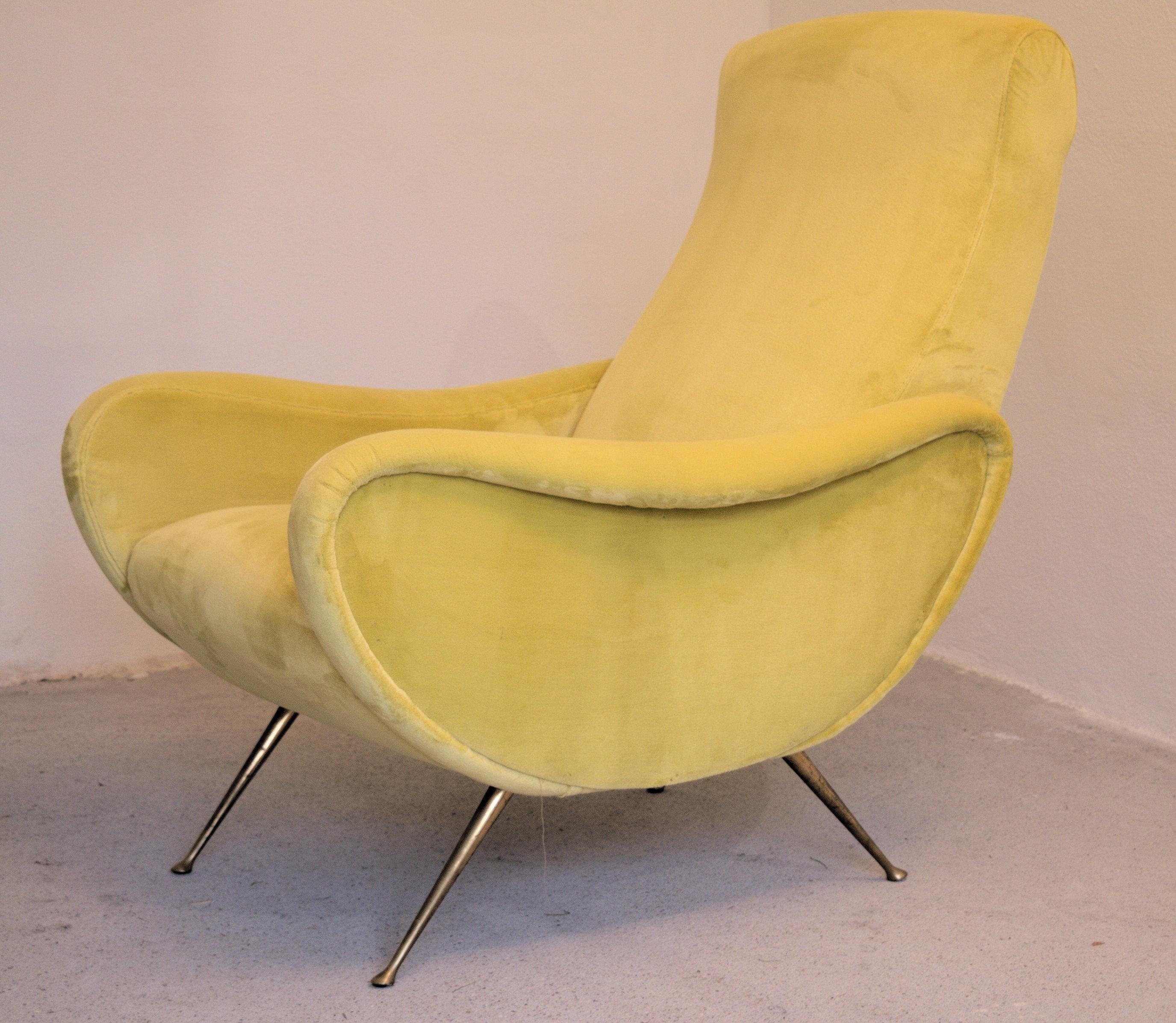 Two Armchairs Marco Zanuso Style, Fully Restored High Pile Canary Cotton Velvet 2