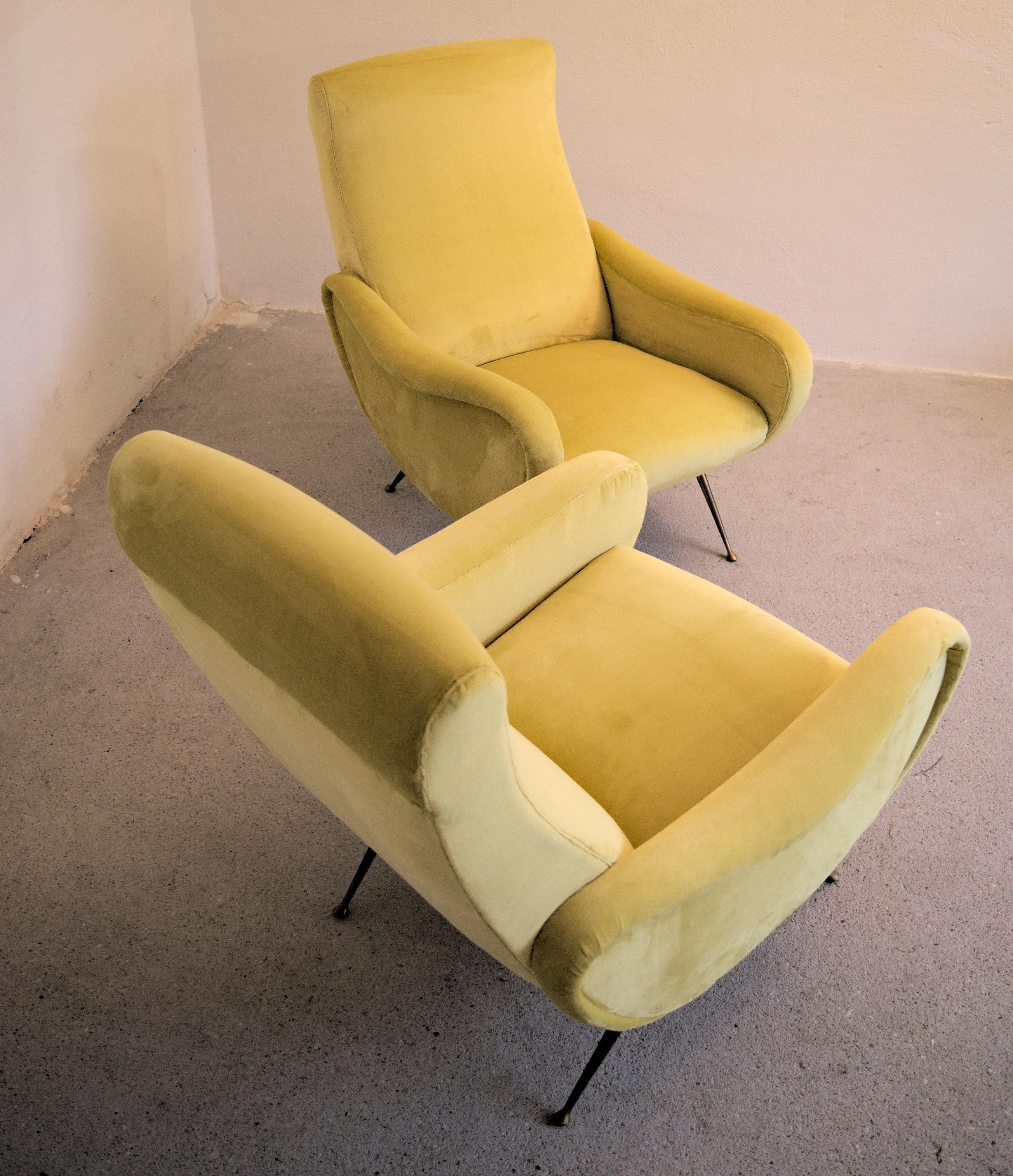 Two Armchairs Marco Zanuso Style, Fully Restored High Pile Canary Cotton Velvet 3