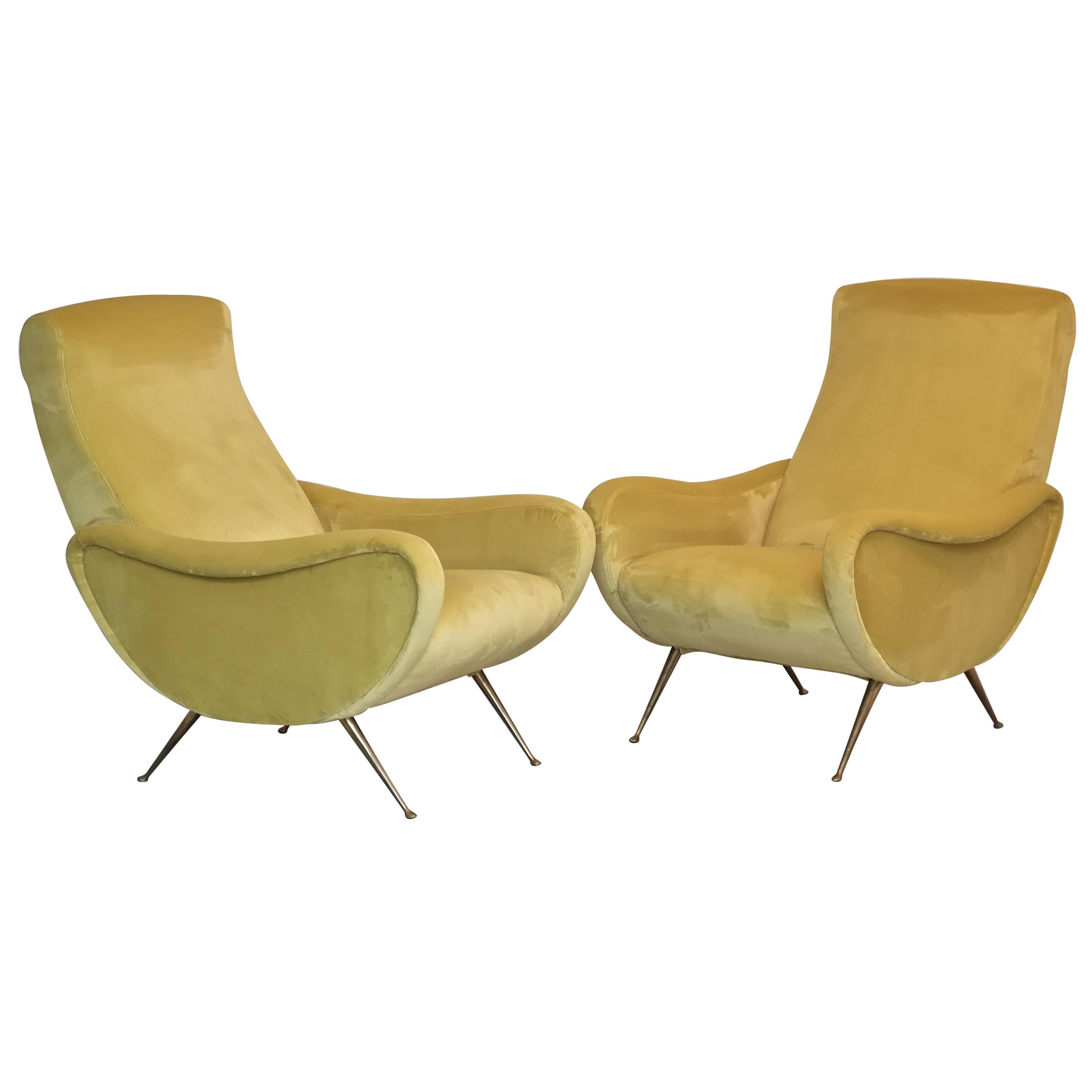 Two Armchairs Marco Zanuso Style, Fully Restored High Pile Canary Cotton Velvet