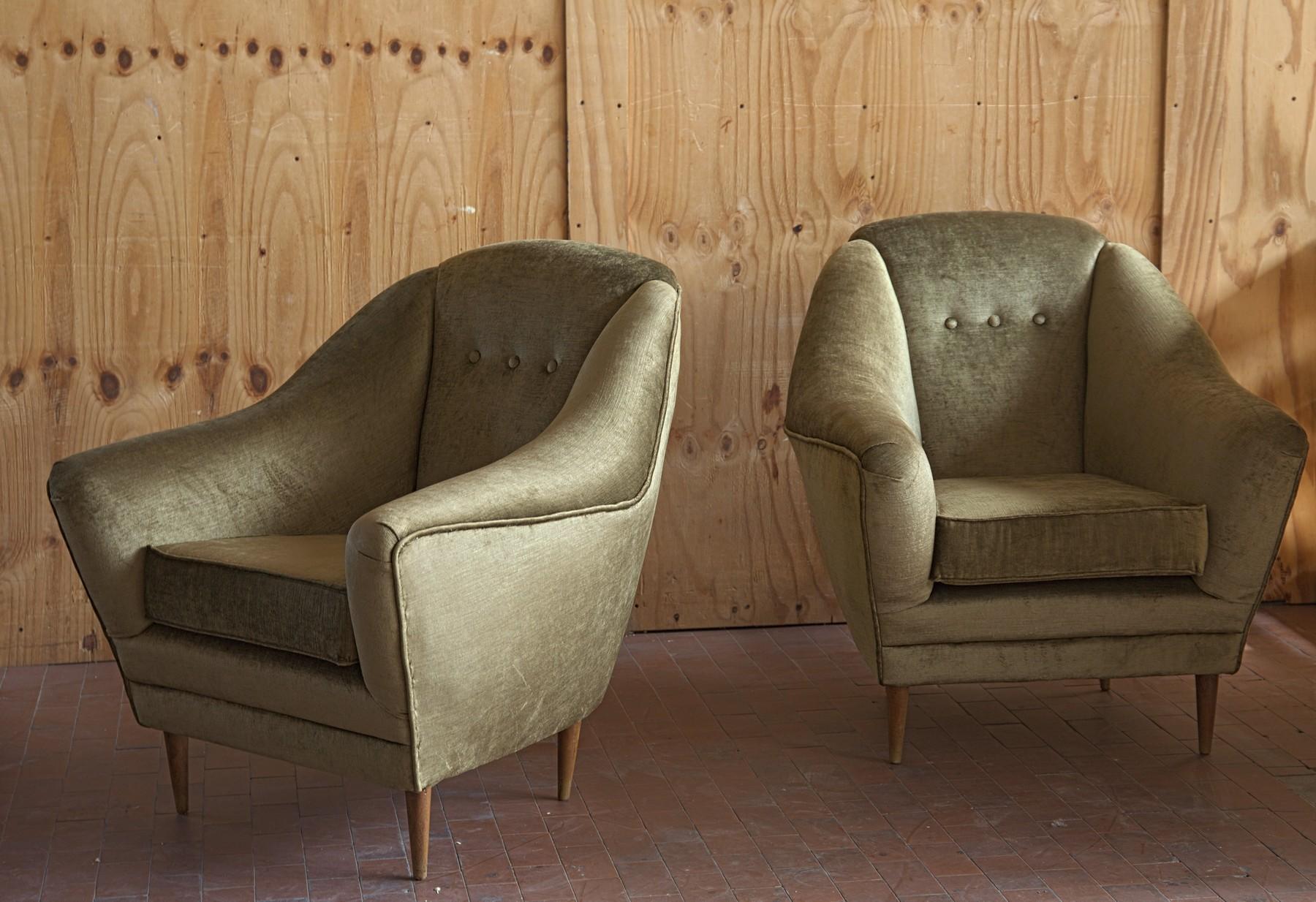 Two Armchairs, Midcentury Italian, Reupholstered Fully Padded, Cotton Velvet 5
