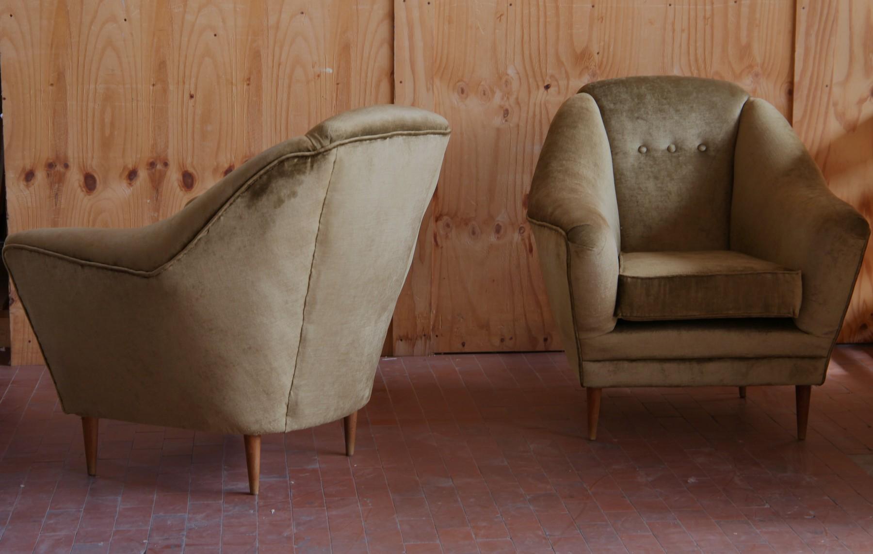 Two Armchairs, Midcentury Italian, Reupholstered Fully Padded, Cotton Velvet 7