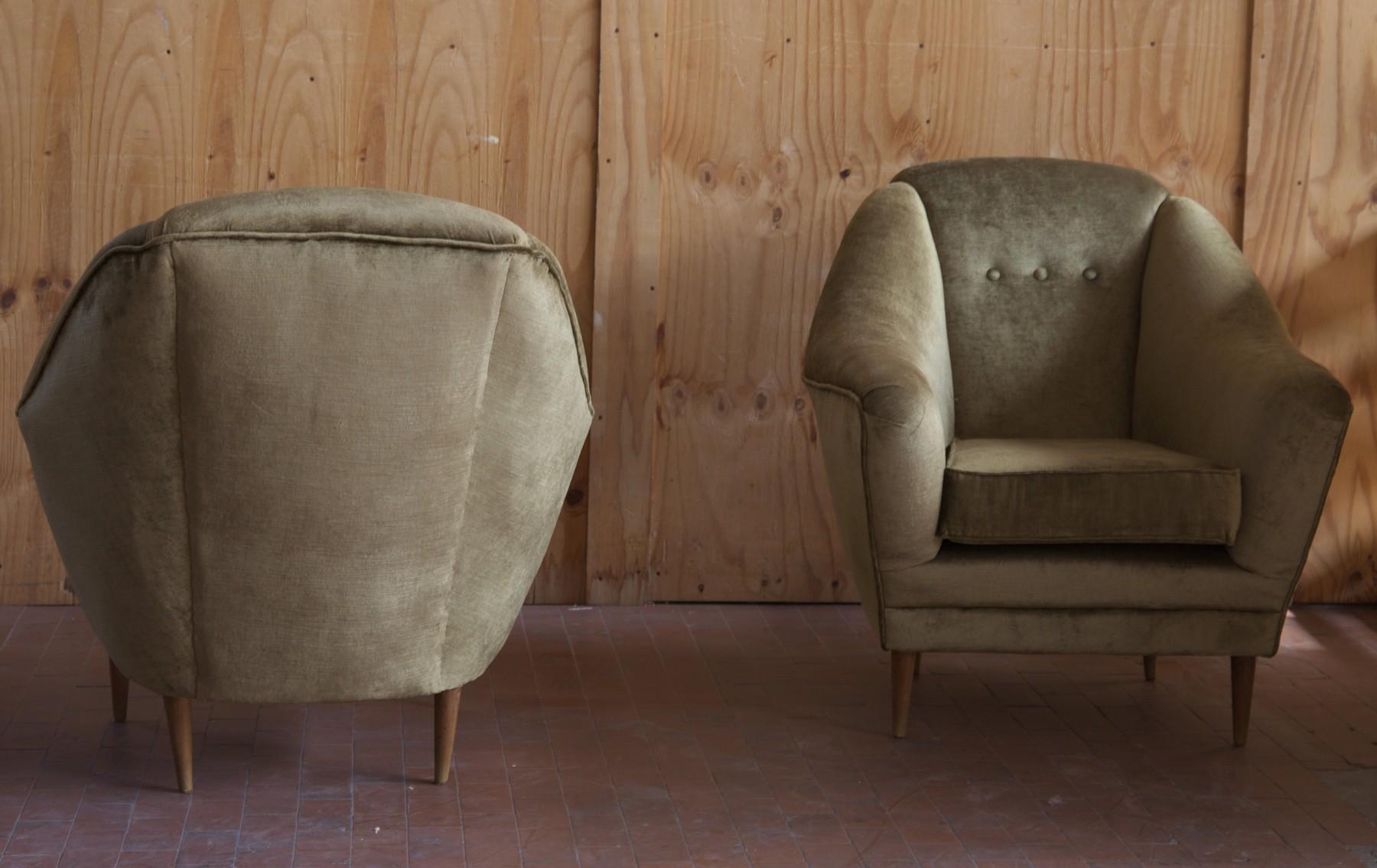 Two Armchairs, Midcentury Italian, Reupholstered Fully Padded, Cotton Velvet 8