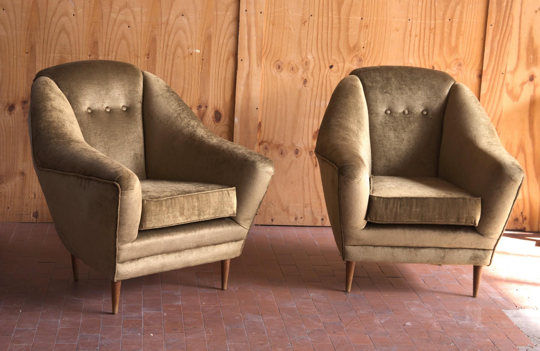 Two Armchairs, Midcentury Italian, Reupholstered Fully Padded, Cotton Velvet 11