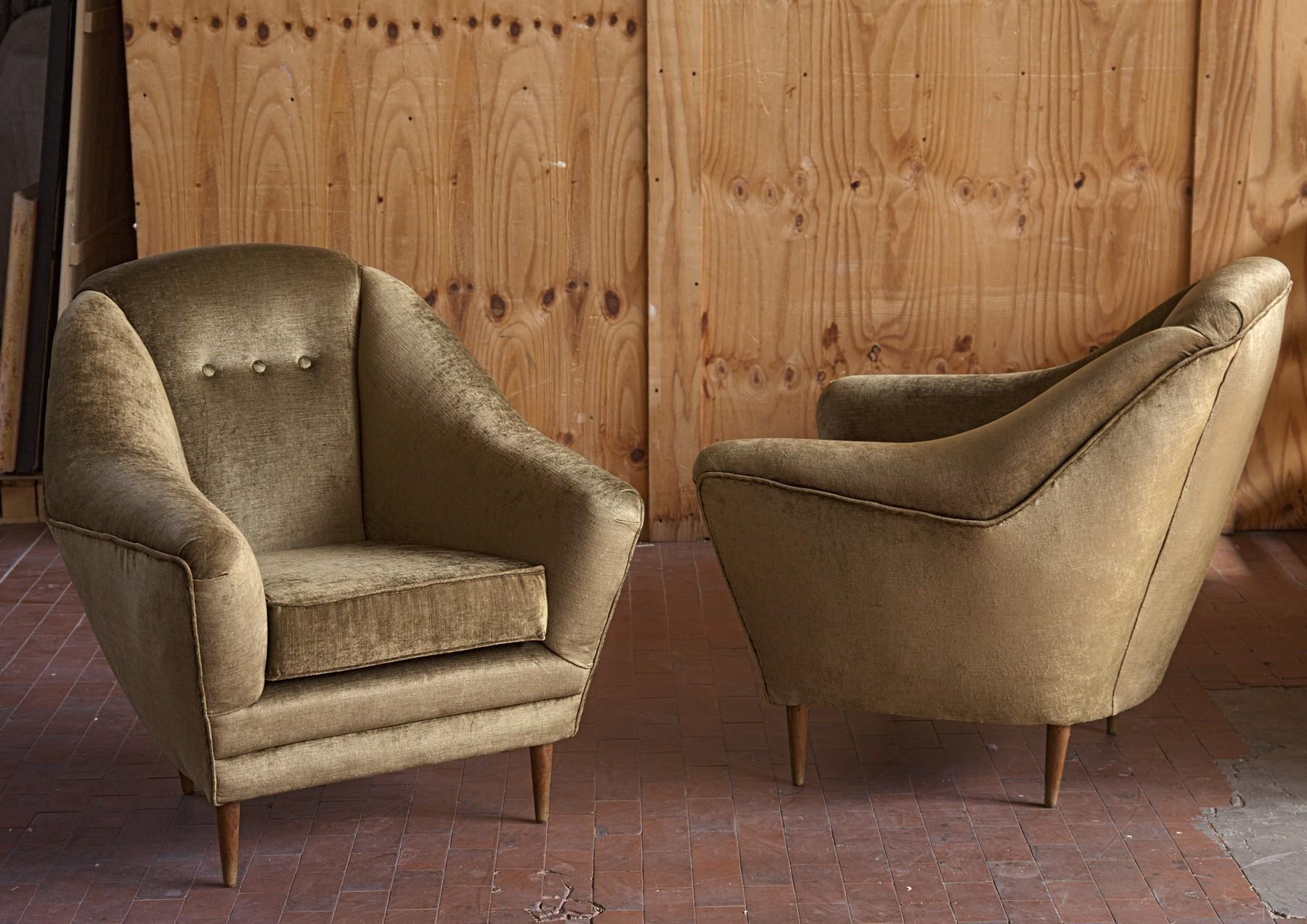 Mid-Century Modern Two Armchairs, Midcentury Italian, Reupholstered Fully Padded, Cotton Velvet