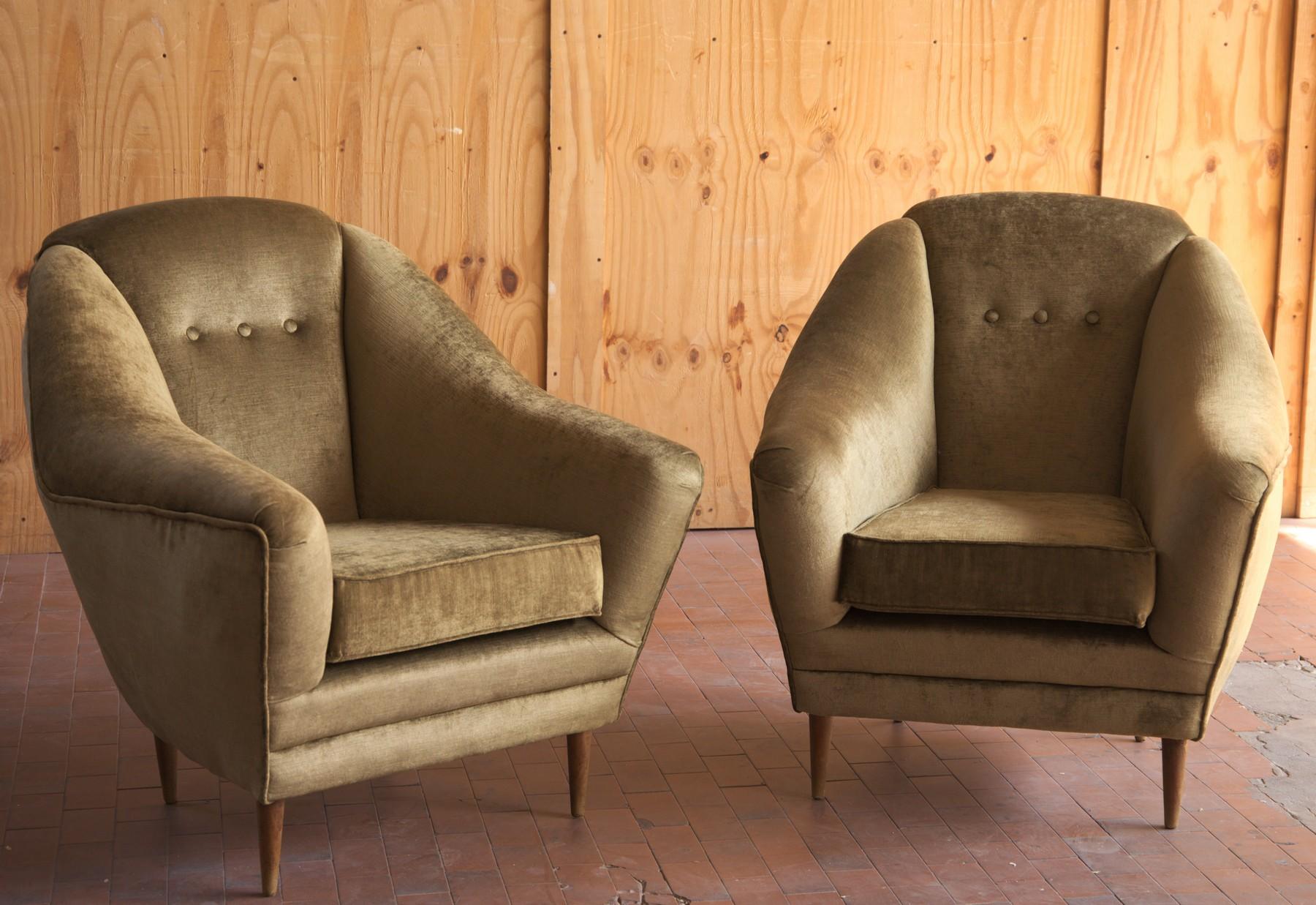 Two Armchairs, Midcentury Italian, Reupholstered Fully Padded, Cotton Velvet 1