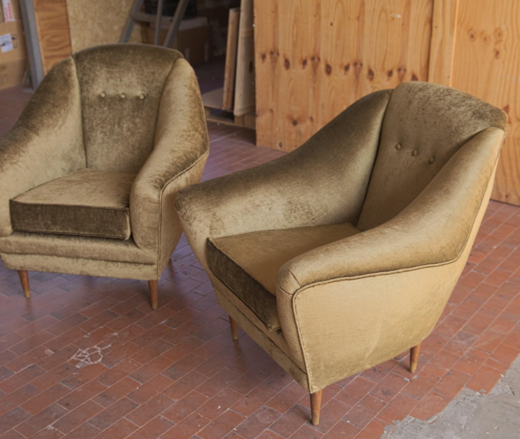 Two Armchairs, Midcentury Italian, Reupholstered Fully Padded, Cotton Velvet 2