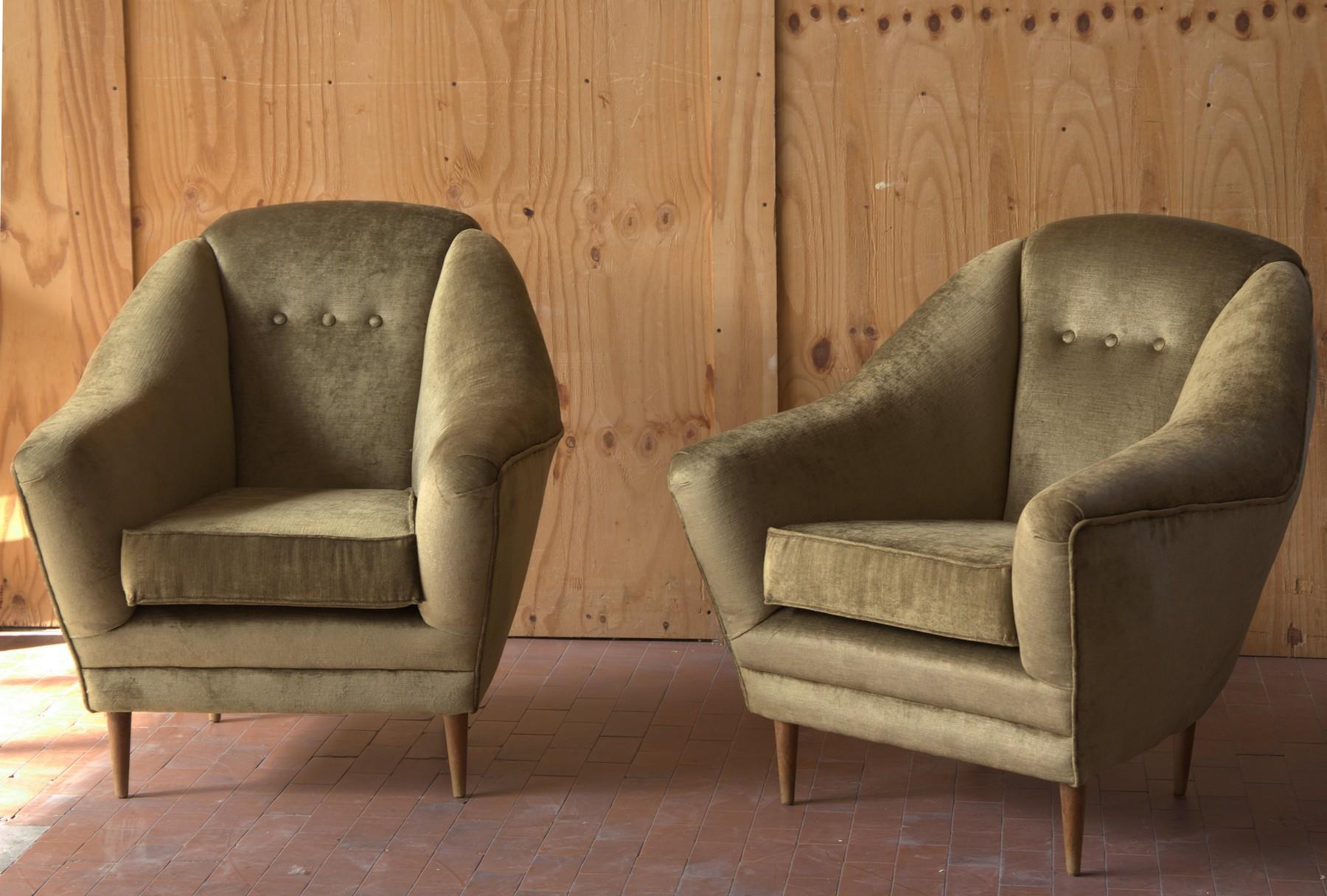 Two Armchairs, Midcentury Italian, Reupholstered Fully Padded, Cotton Velvet 3