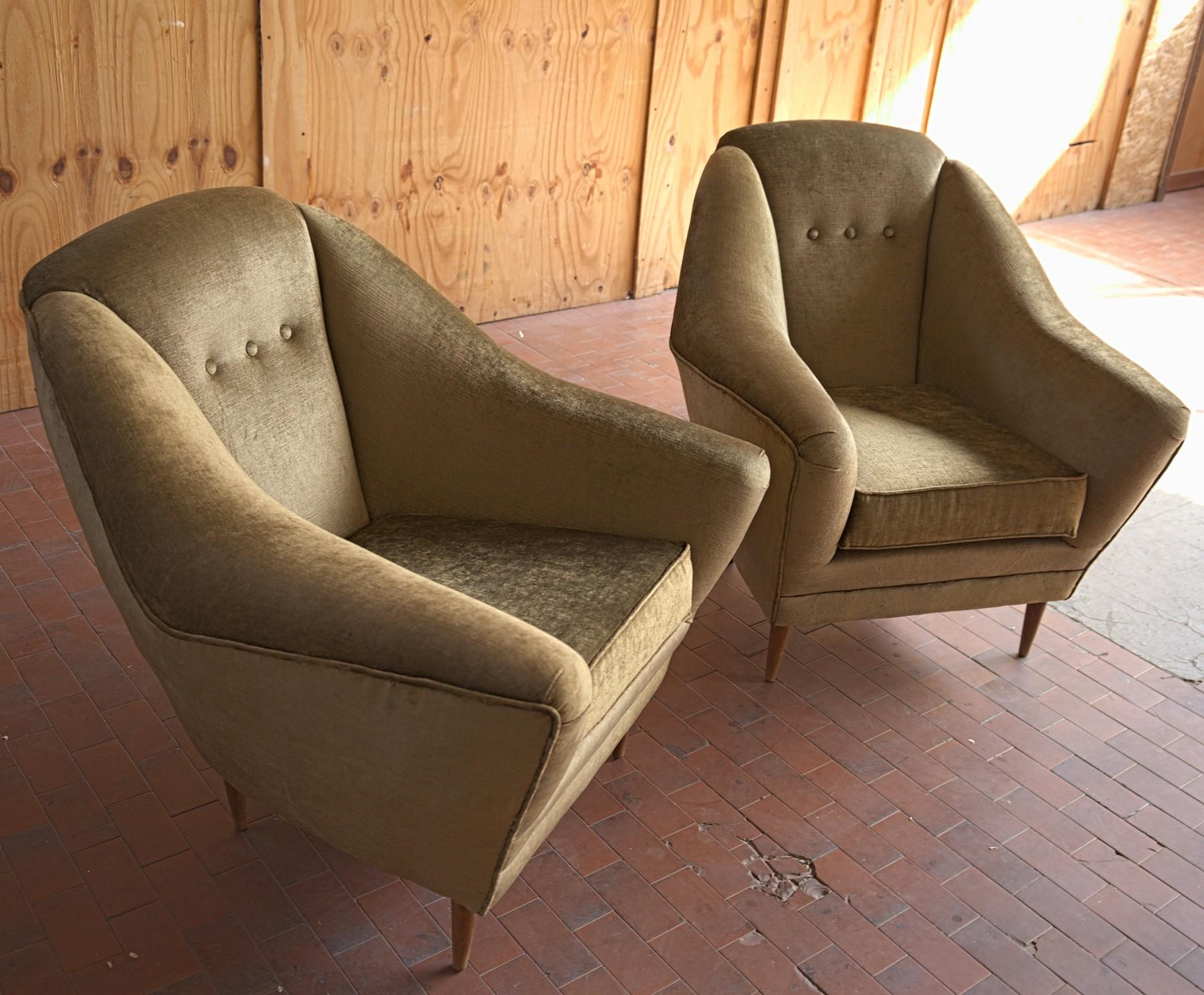 Two Armchairs, Midcentury Italian, Reupholstered Fully Padded, Cotton Velvet 4