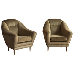 Two Armchairs, Midcentury Italian, Reupholstered Fully Padded, Cotton Velvet
