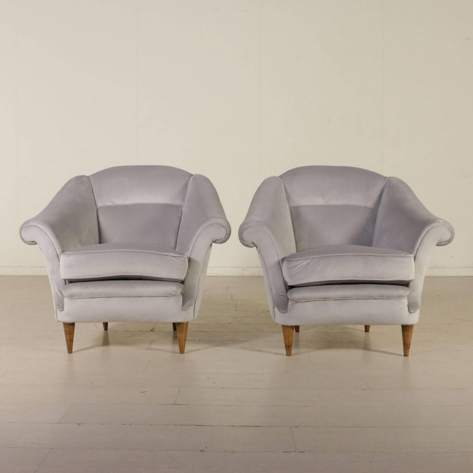 A pair of armchairs, springs padding, velvet upholstery. Manufactured in Italy, 1940s-1950s.