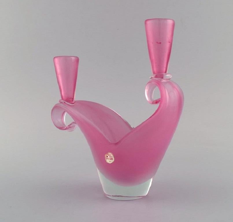 Mid-Century Modern Two-Armed Murano Candle Holder in Pink Hand-Blown Art Glass. Italian Design For Sale