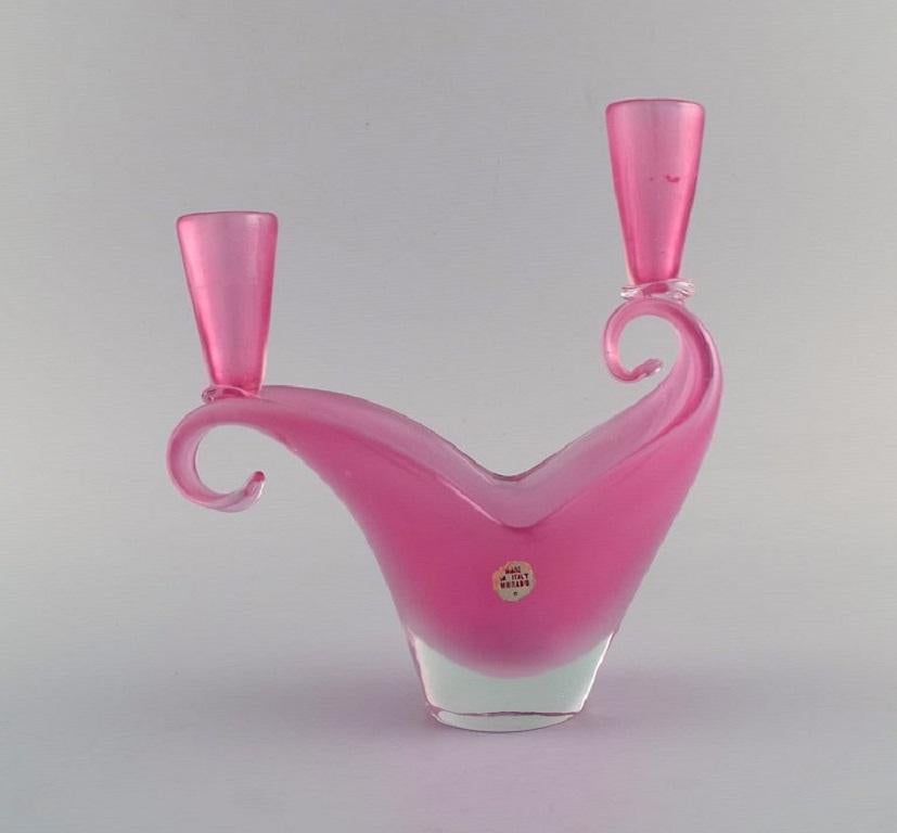 Two-Armed Murano Candle Holder in Pink Hand-Blown Art Glass. Italian Design In Excellent Condition For Sale In Copenhagen, DK