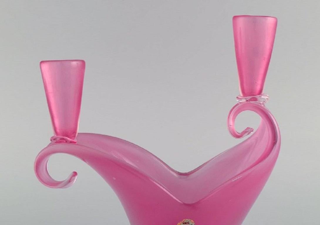 Mid-20th Century Two-Armed Murano Candle Holder in Pink Hand-Blown Art Glass. Italian Design For Sale