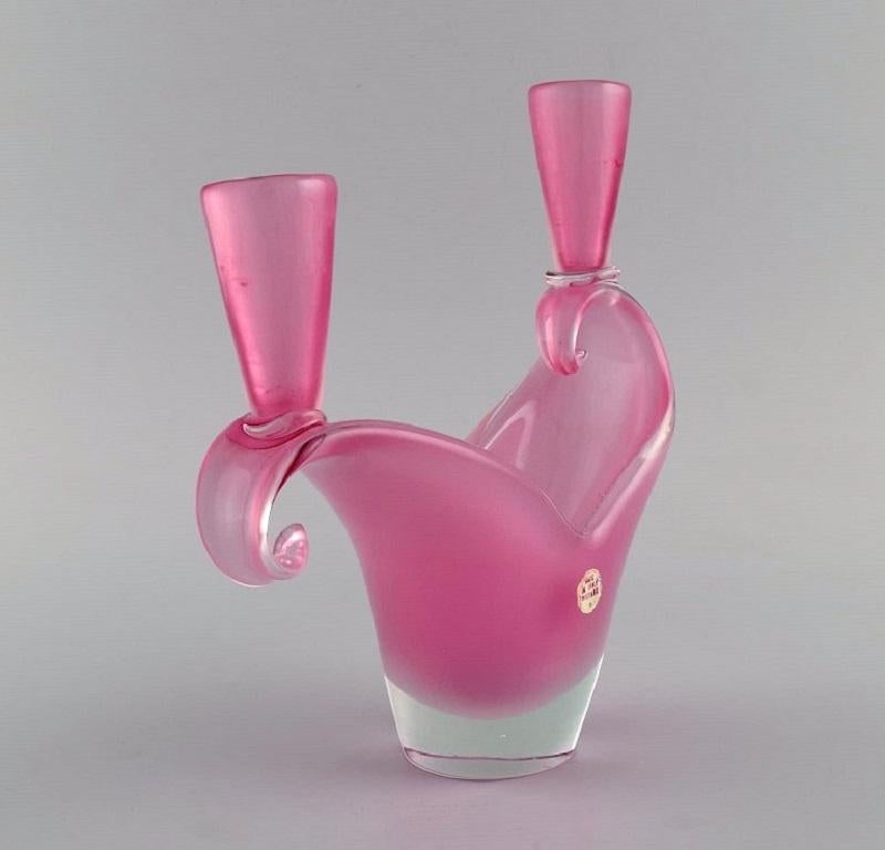 Two-Armed Murano Candle Holder in Pink Hand-Blown Art Glass. Italian Design For Sale 2