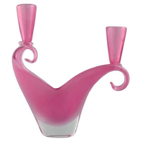Two-Armed Murano Candle Holder in Pink Hand-Blown Art Glass. Italian Design For Sale