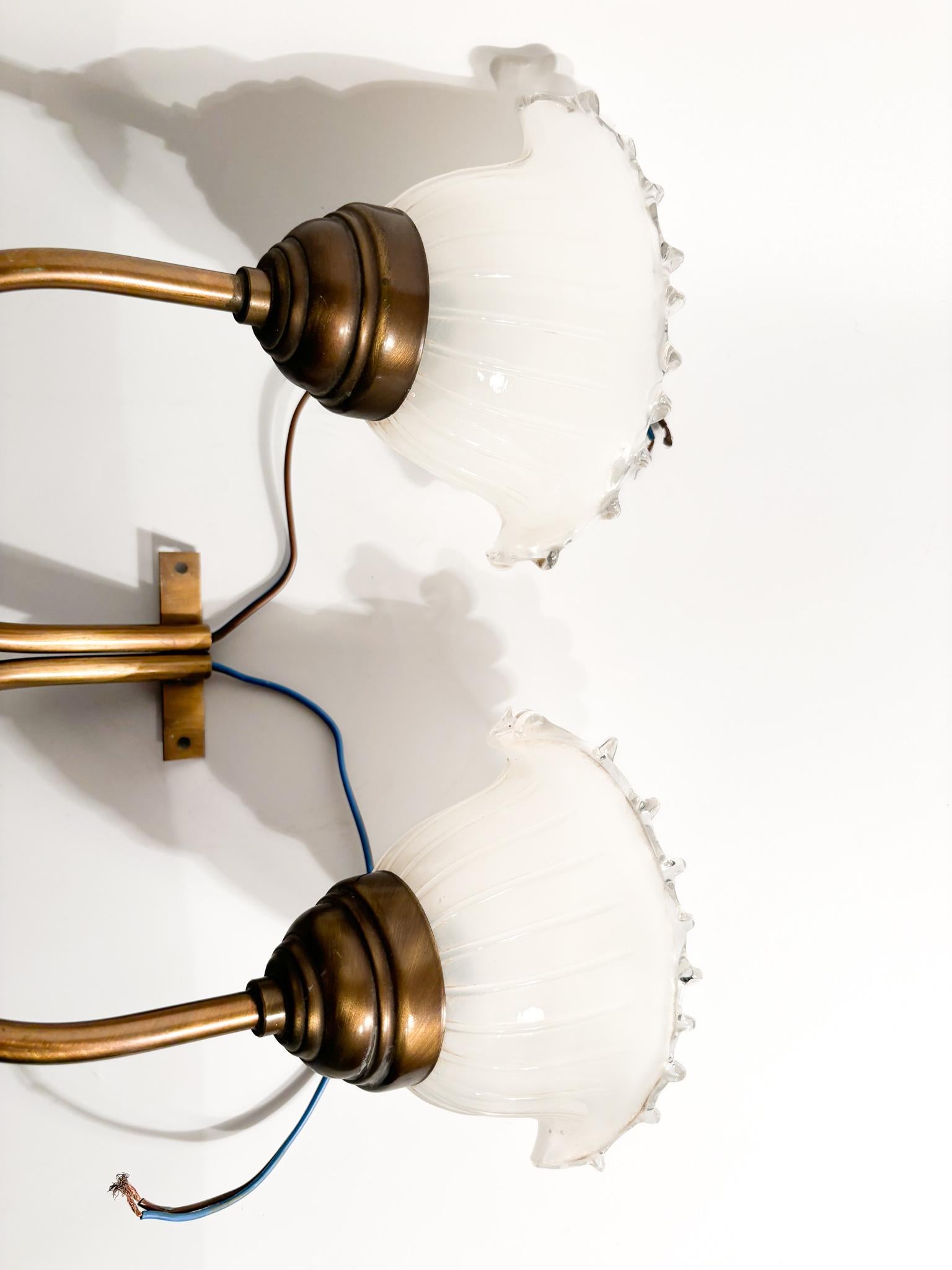 Art Deco Two-Armed Wall Lamp in Murano Glass and Brass, 1940s For Sale