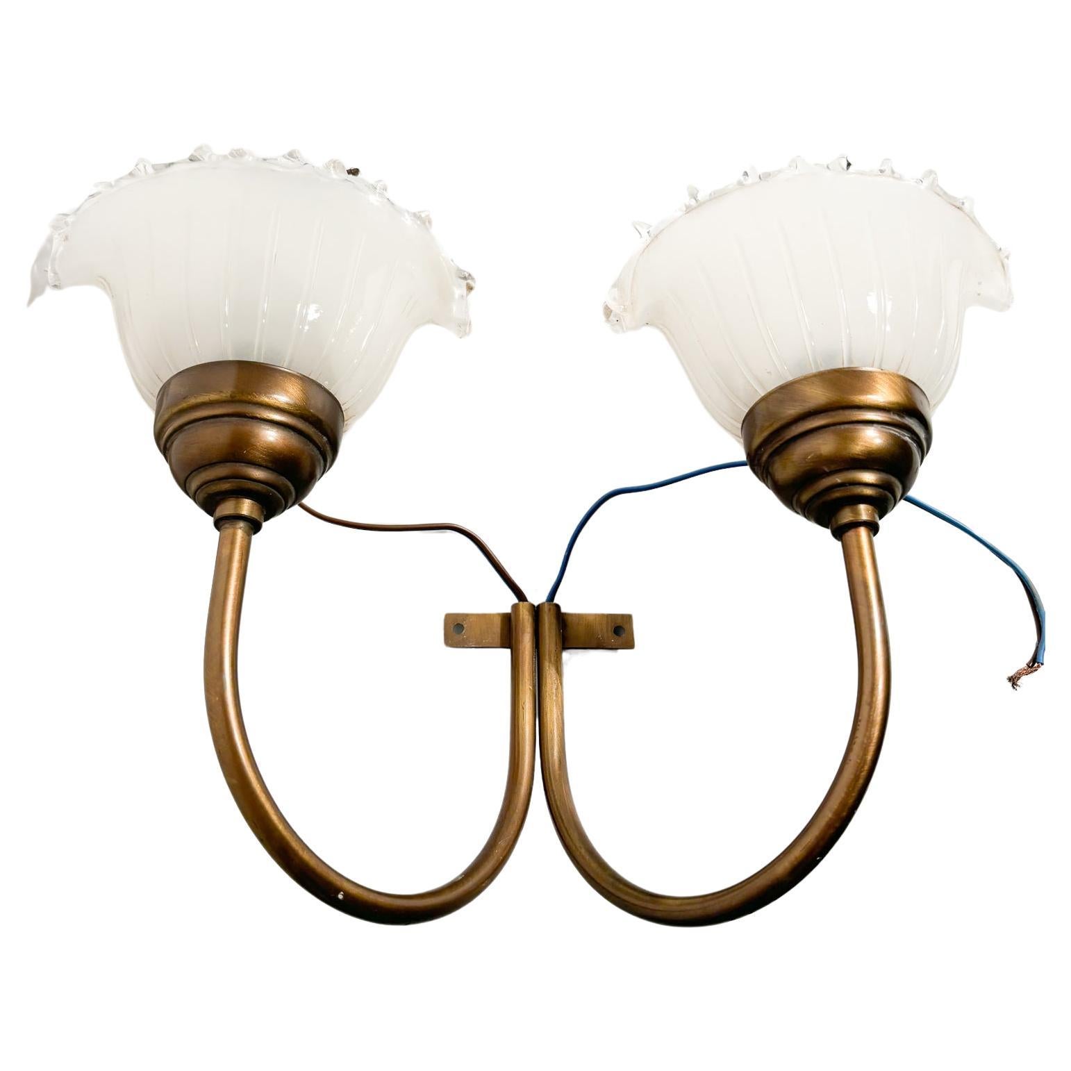 Two-Armed Wall Lamp in Murano Glass and Brass, 1940s For Sale