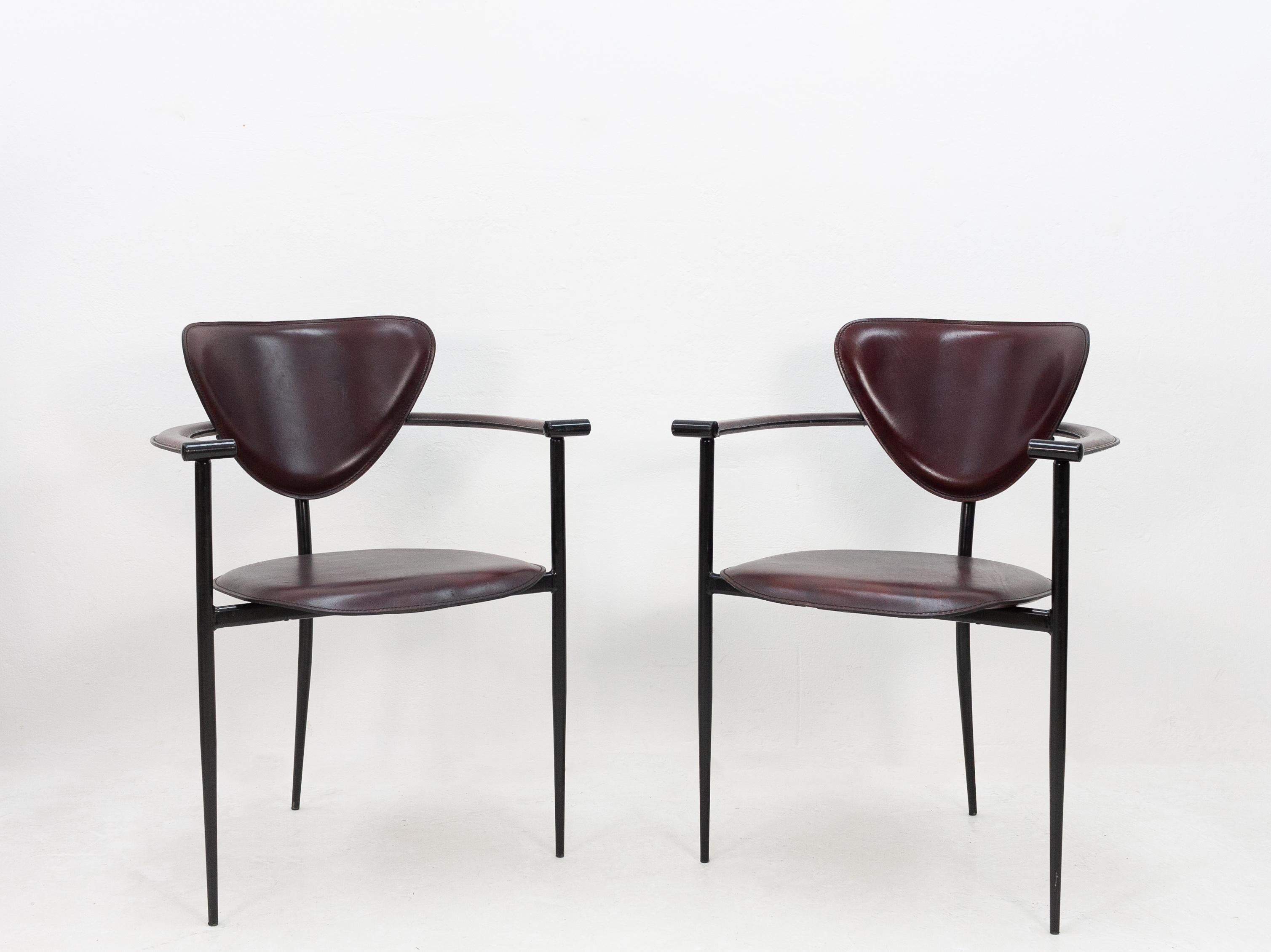 Late 20th Century Two Arrben Stiletto Armchairs in Black Cherry Leather, 1970s