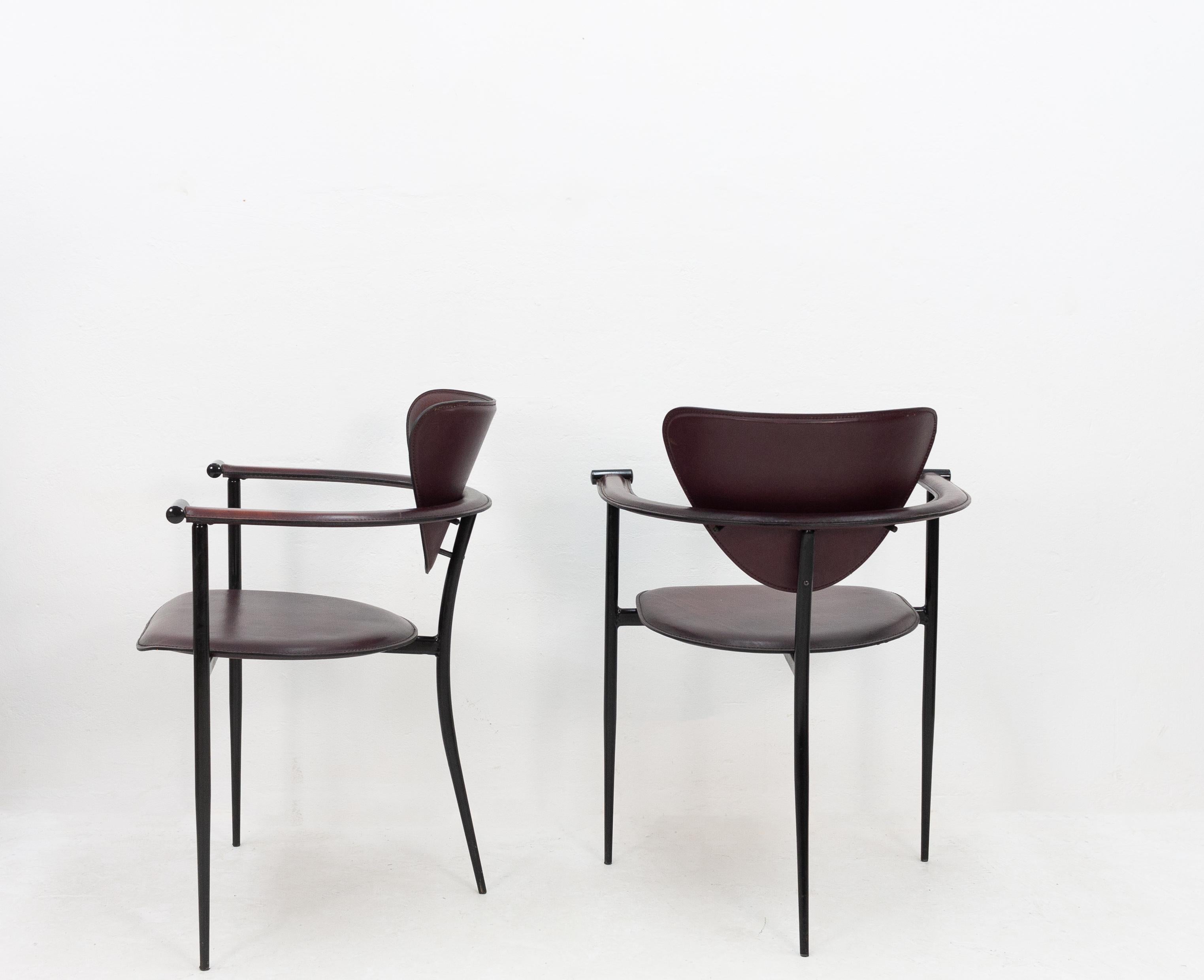 Two Arrben Stiletto Armchairs in Black Cherry Leather, 1970s 2