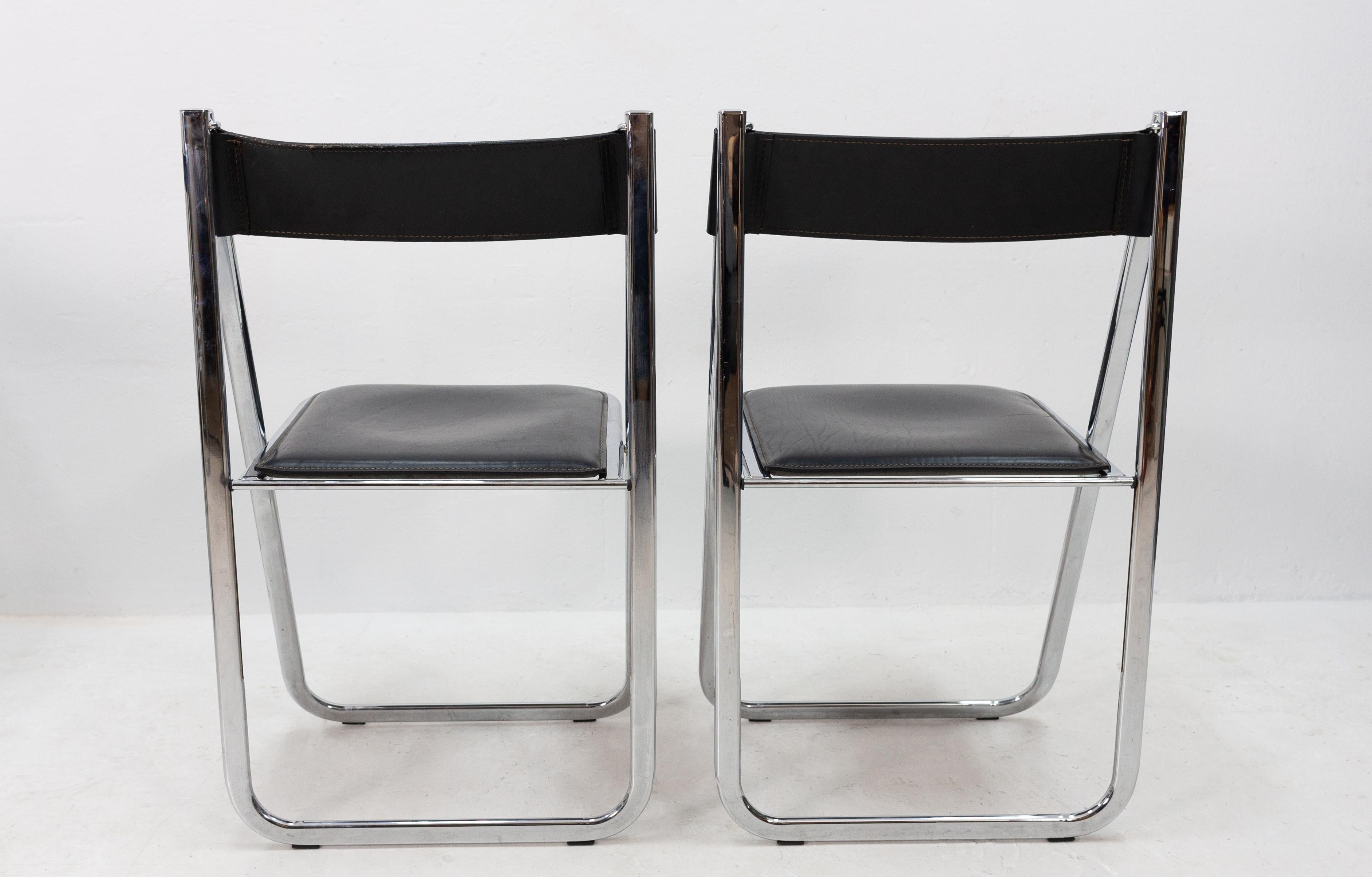 Two Arrben Tamara Folding Chairs in Black Leather and Chrome, 1970s at
