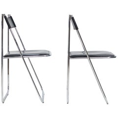 Two Arrben Tamara Folding Chairs in Black Leather and Chrome, 1970s