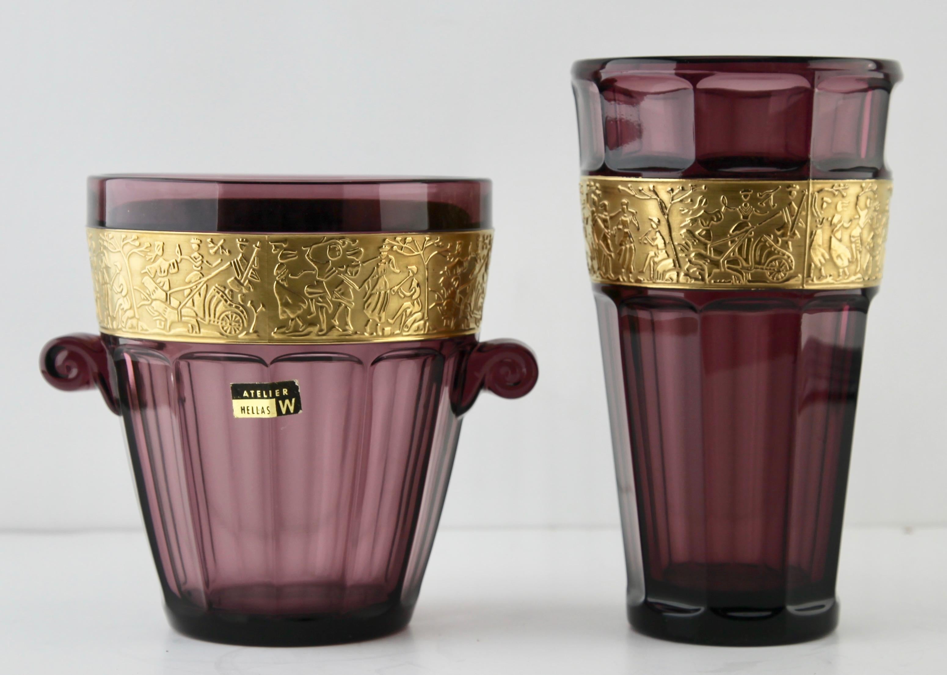 Molded Two Art Deco Amethyst Vases by Walther 'Germany' with Classical Frieze For Sale