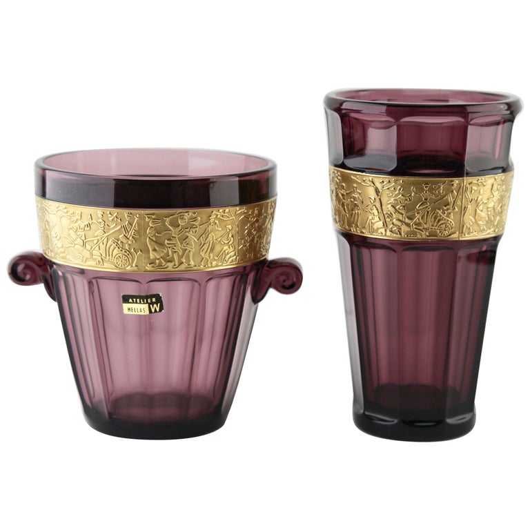 Two Art Deco Amethyst Vases by Walther 'Germany' with Classical Frieze For  Sale at 1stDibs
