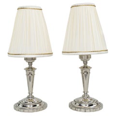 Two Art Deco Brass 'nickel-plated' Table Lamps with Fabric Shades, circa 1920s
