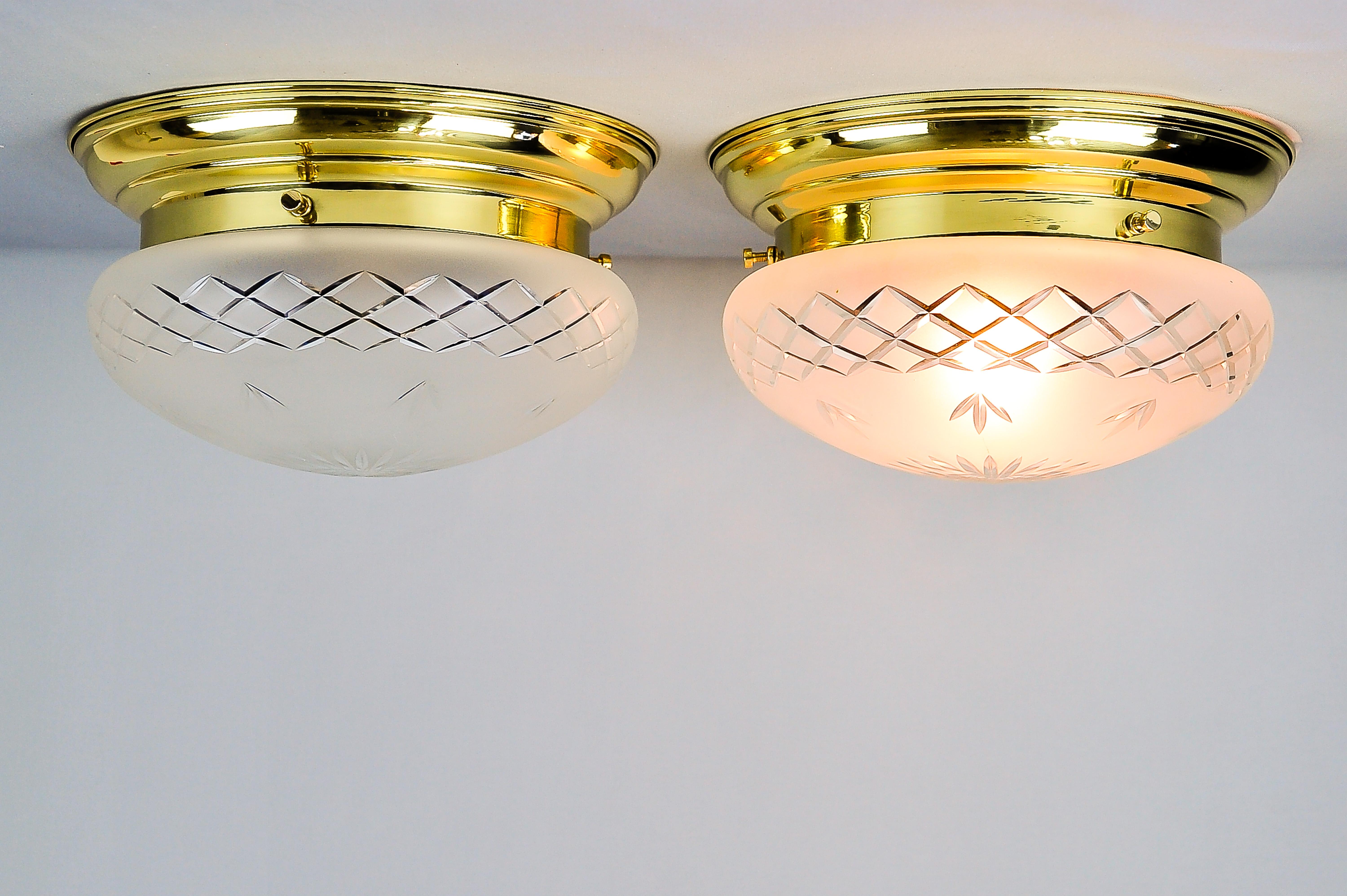 Austrian Two Art Deco Ceiling Lamps circa 1920 with Original Glasses