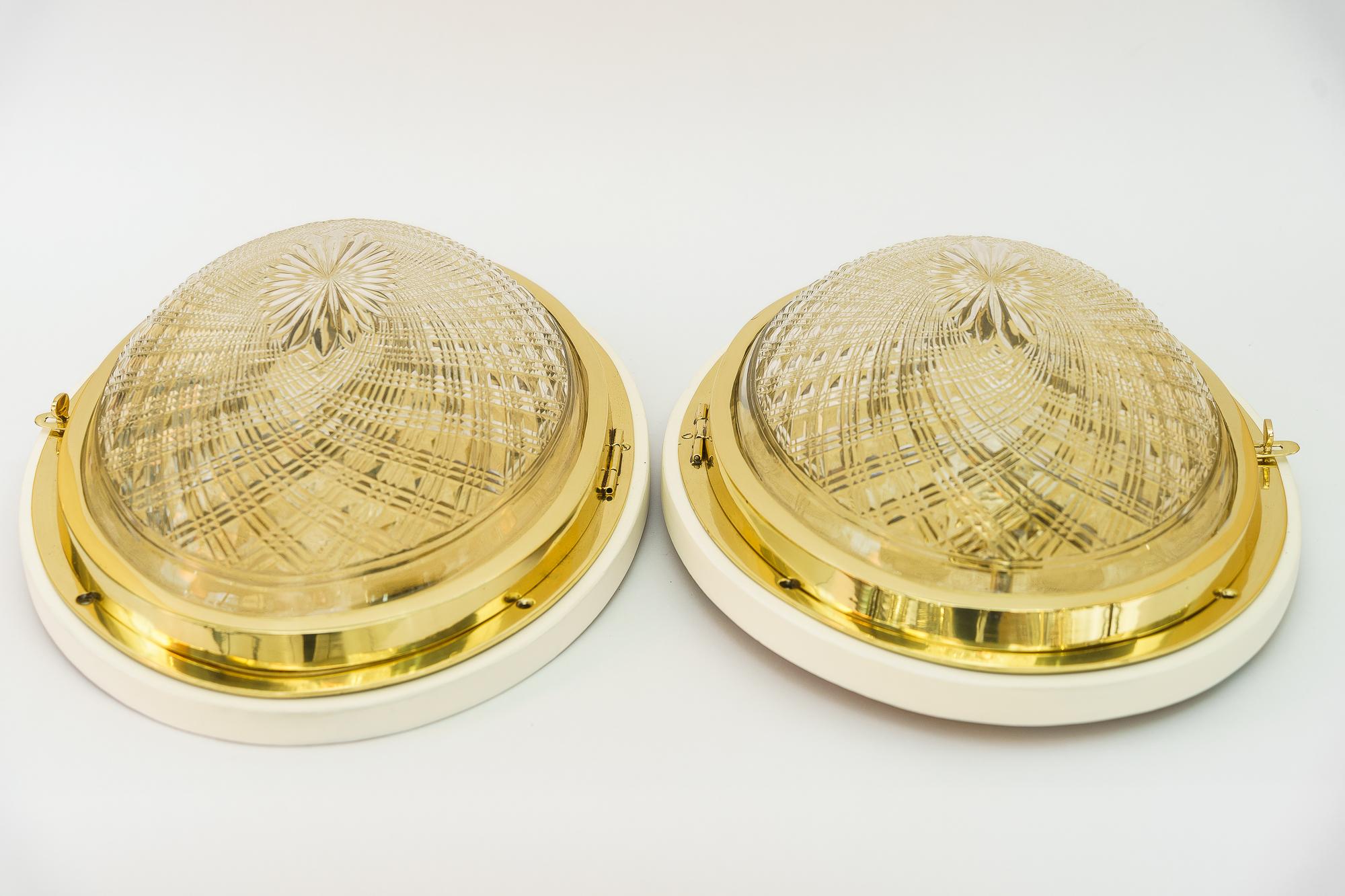 Austrian Two Art Deco Ceiling Lamps with Cut Glass Shades Vienna Around 1920s For Sale