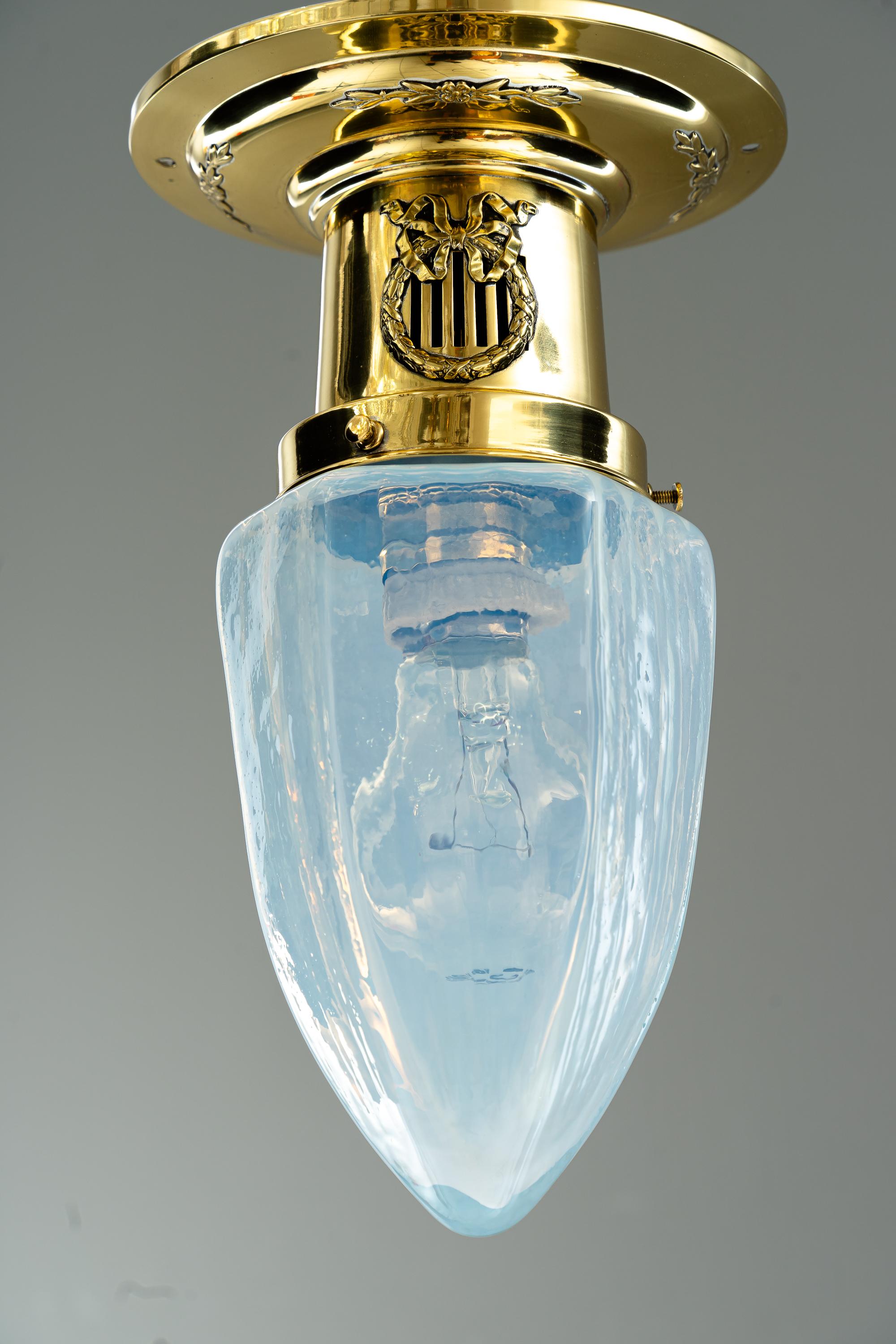 Brass Two Art Deco ceiling lamps with opaline glass shades vienna around 1920s For Sale
