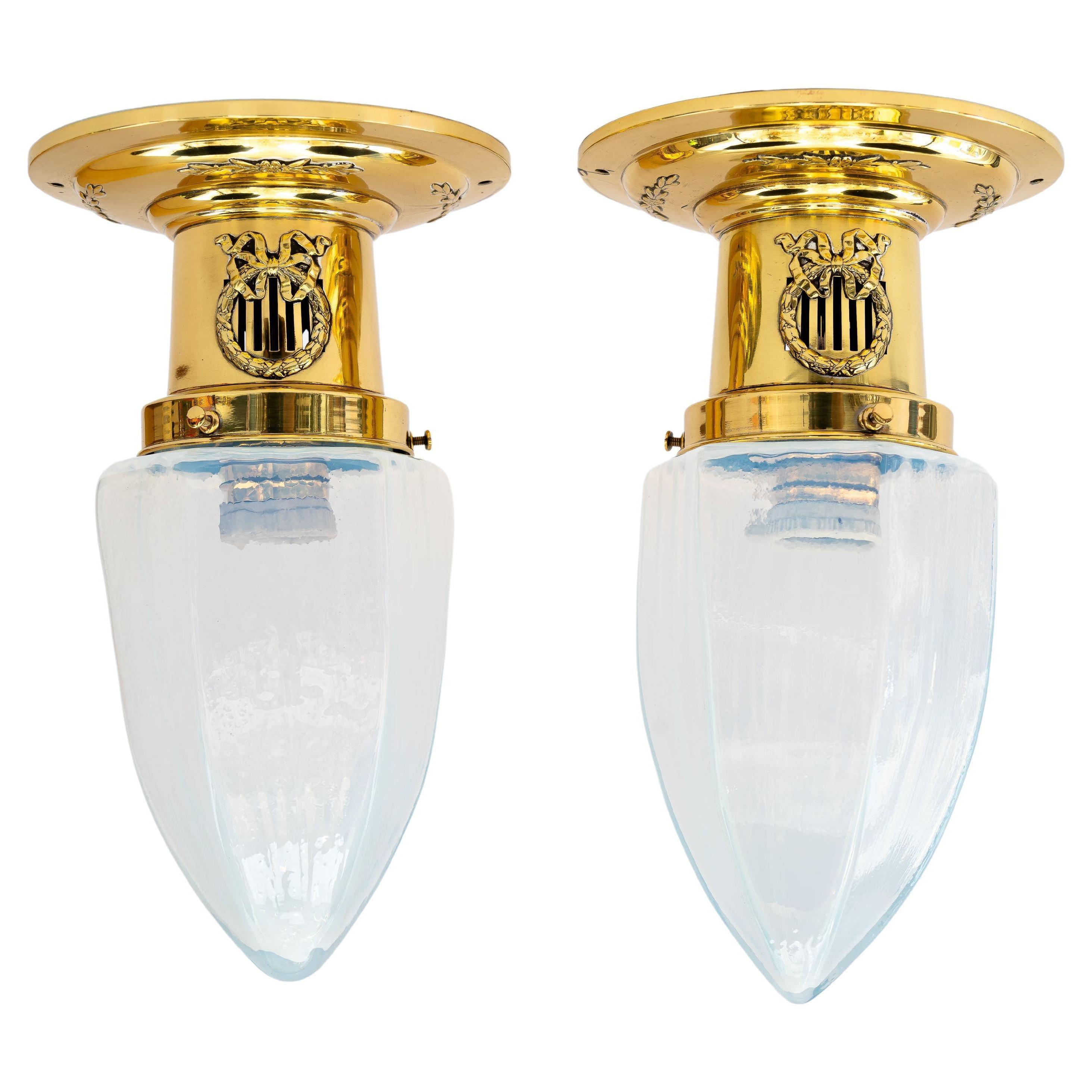 Two Art Deco ceiling lamps with opaline glass shades vienna around 1920s For Sale