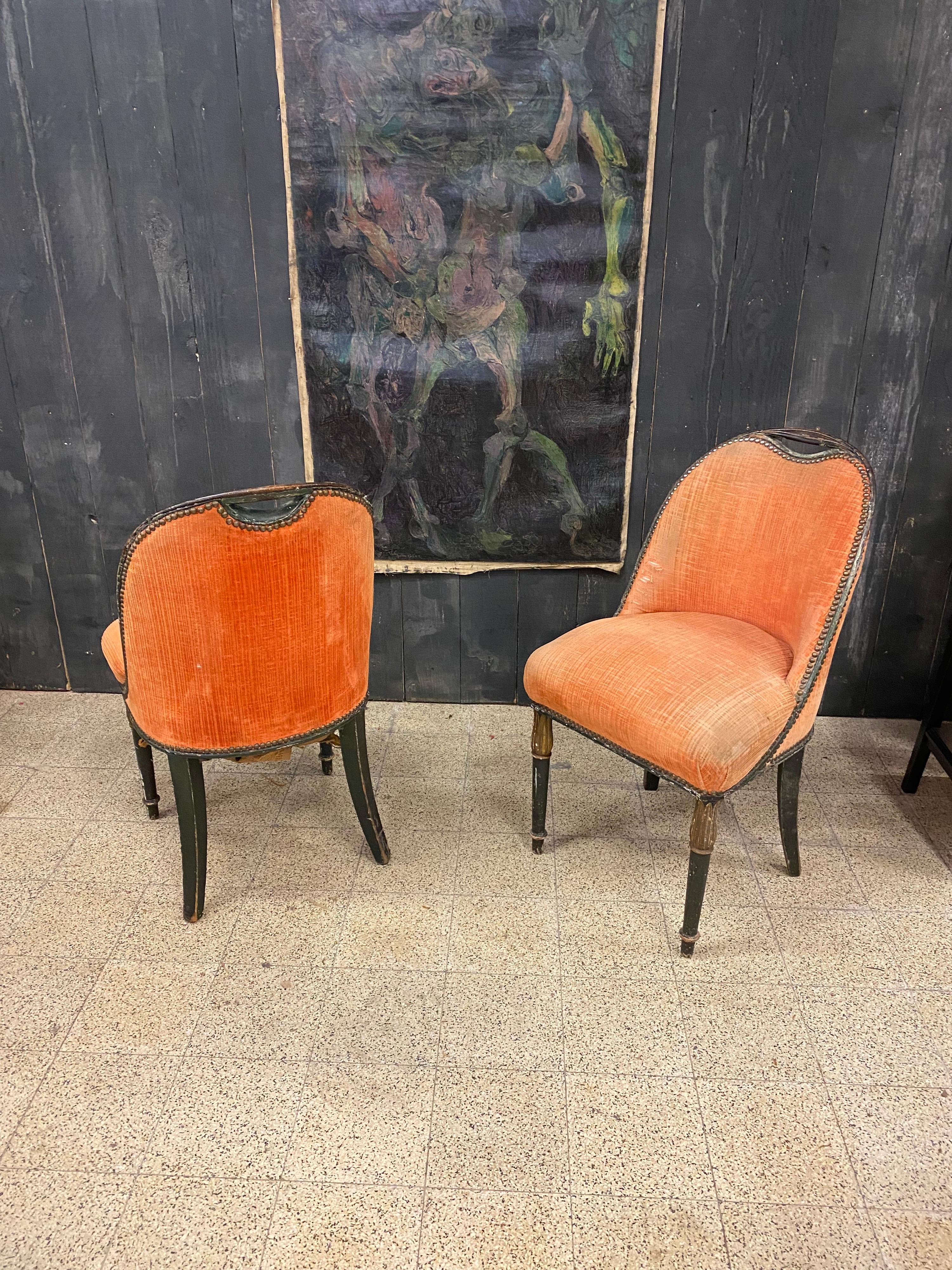 French Two Art Deco Chairs in the Style of Sue et Mare in Polychrome Wood, circa 1925 For Sale