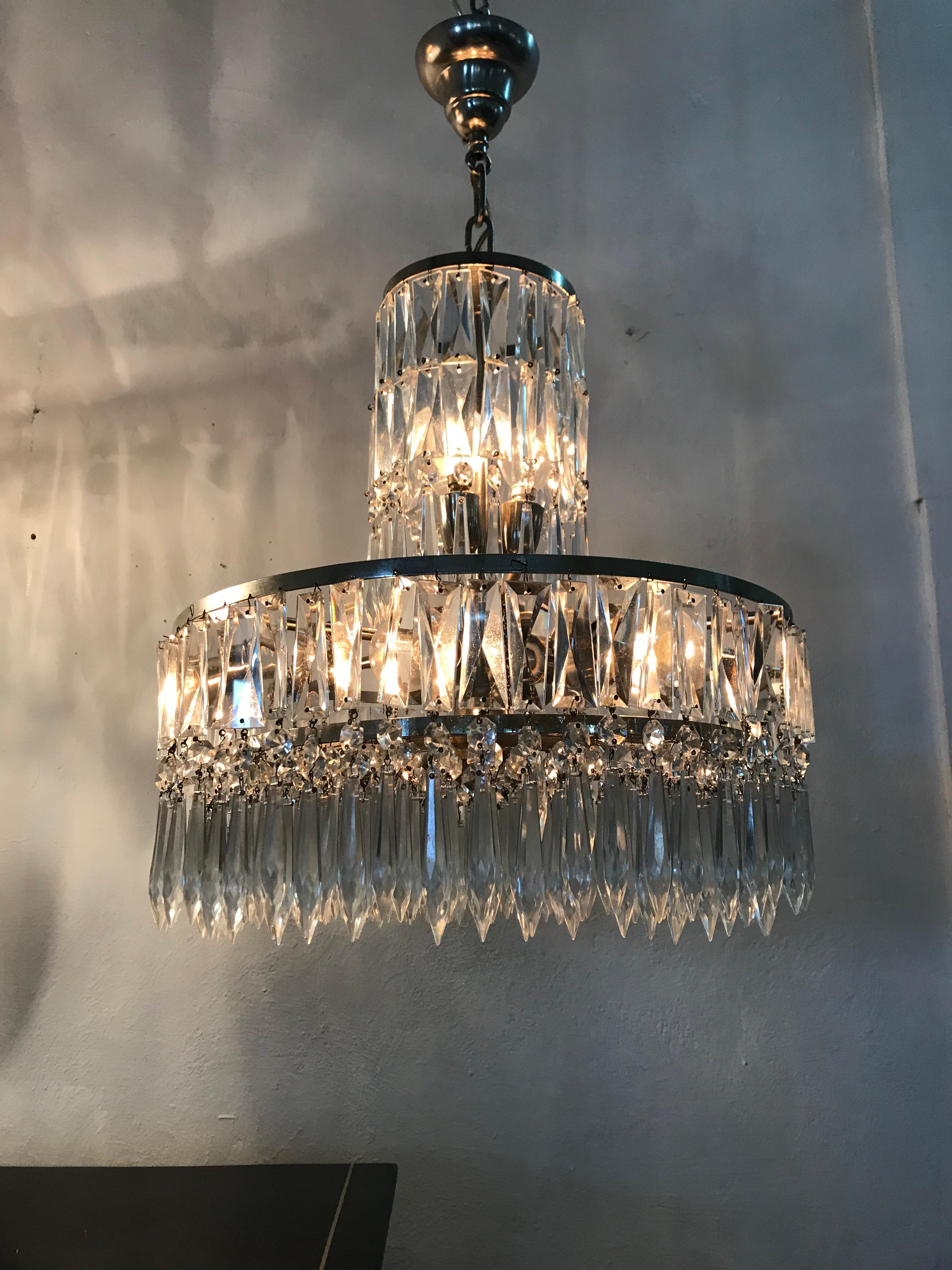 French Two Art Deco Chandeliers, France, circa 1940, in the Style of Baccarat