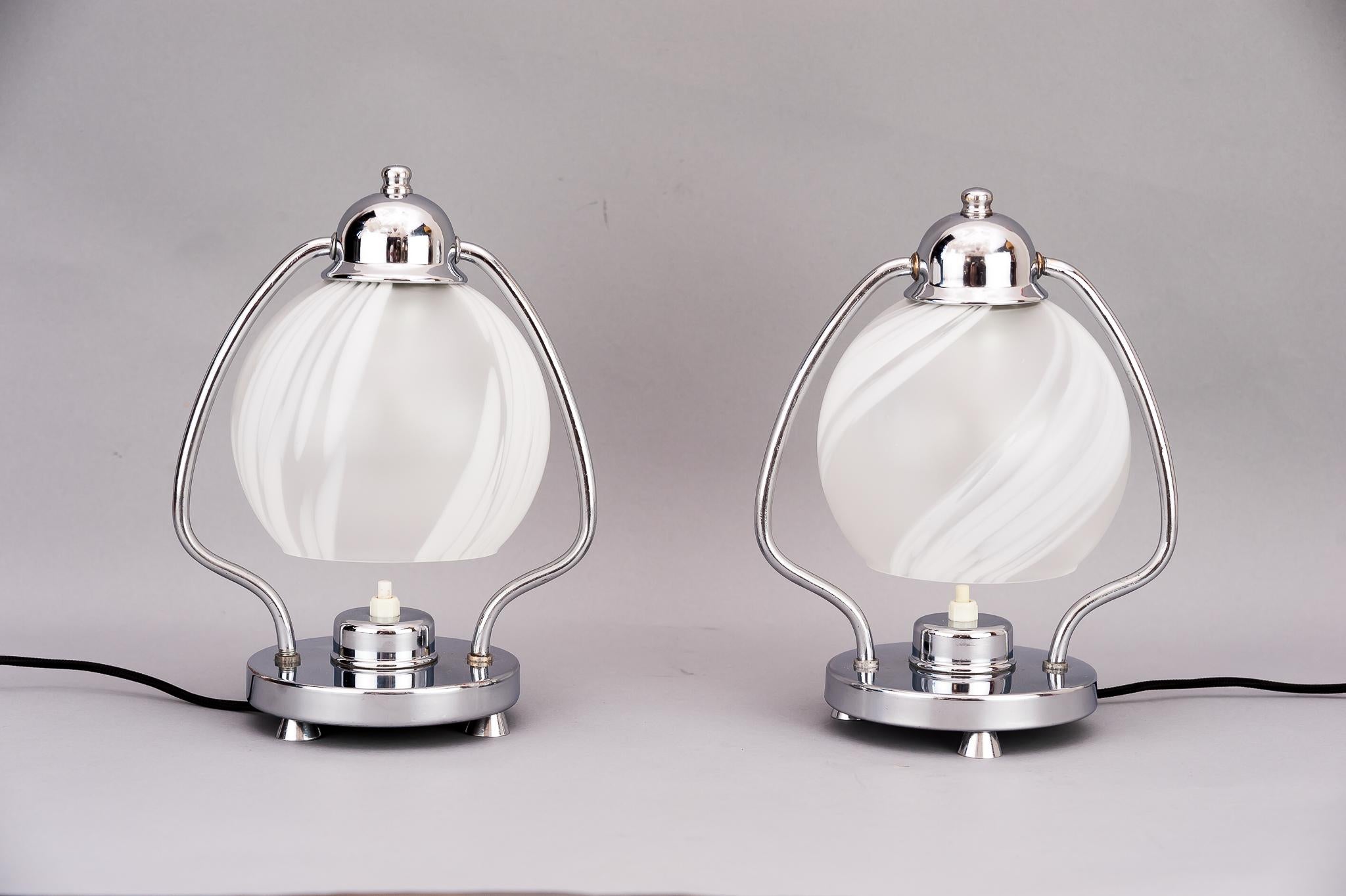 Austrian Two Art Deco Chrome Table Lamps 1920s with Original Glass Shades